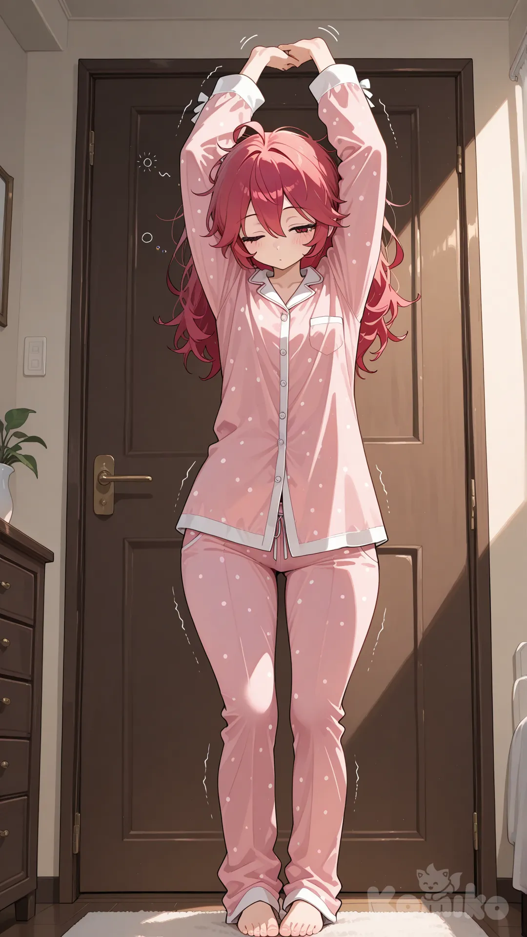 hatsune teto en una pijama mientras se estira de pereza