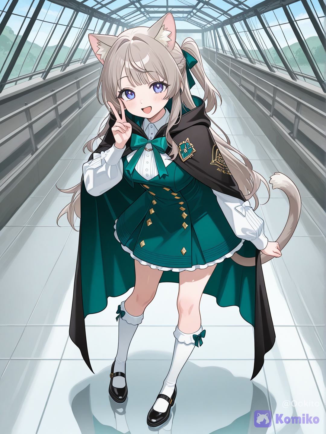 @girl Lynette Snezhevna cosplay, Cloak and Bow: She wears a short, dark blue-green and black cloak draped over her right shoulder, attached to her outfit with a large blue-green bow at the chest. Sleeves: Wide white sleeves with two gold diamond-shaped buttons on each side. Distinctive Features: Light gray cat ears and a tail, which are her most distinctive physical characteristics. Outfit and Accessories: She wears a dark-toned outfit, designed in a uniform-like yet practical style for performances, along with long socks and dress shoes., v sign, leaning forward, smile, open mouth, Glass floor bridge