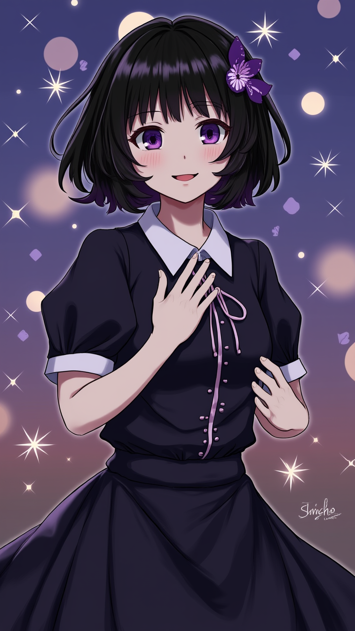 Shinobu Kocho, 1girl, demon_slayer, short_hair, black_hair with dark_violet_tips, dark_violet_eyes, gentle_smile, gentle_eyes, happy_expression, butterfly_ribbon, hair_d, parted_bangs, forehead_visible, anime_accurate_face, smooth_skin, subtle_blush, glossy_lips, catchlight_in_eyes, alternate_dress, elegant_outfit, stylish_outfit, flowing_fabric, intricate_patterns, layered_clothing, soft_fabric_folds, delicate_hair_strands, bokeh_background, dreamy_background, artistic_angle, cinematic_lighting, rim_lighting, volumetric_light, light_particles, vibrant_colors, soft_glow, depth_of_field, anime_style, best_quality, ultra_detailed, hyper_detailed, highly_detailed_face, detailed_eyes, perfect_anatomy, smooth_render, 8k, dynamic_angle, soft_shading, beautiful_lighting, pajamas, lace, full body, looking at viewer, depth of field,sleeping on bed