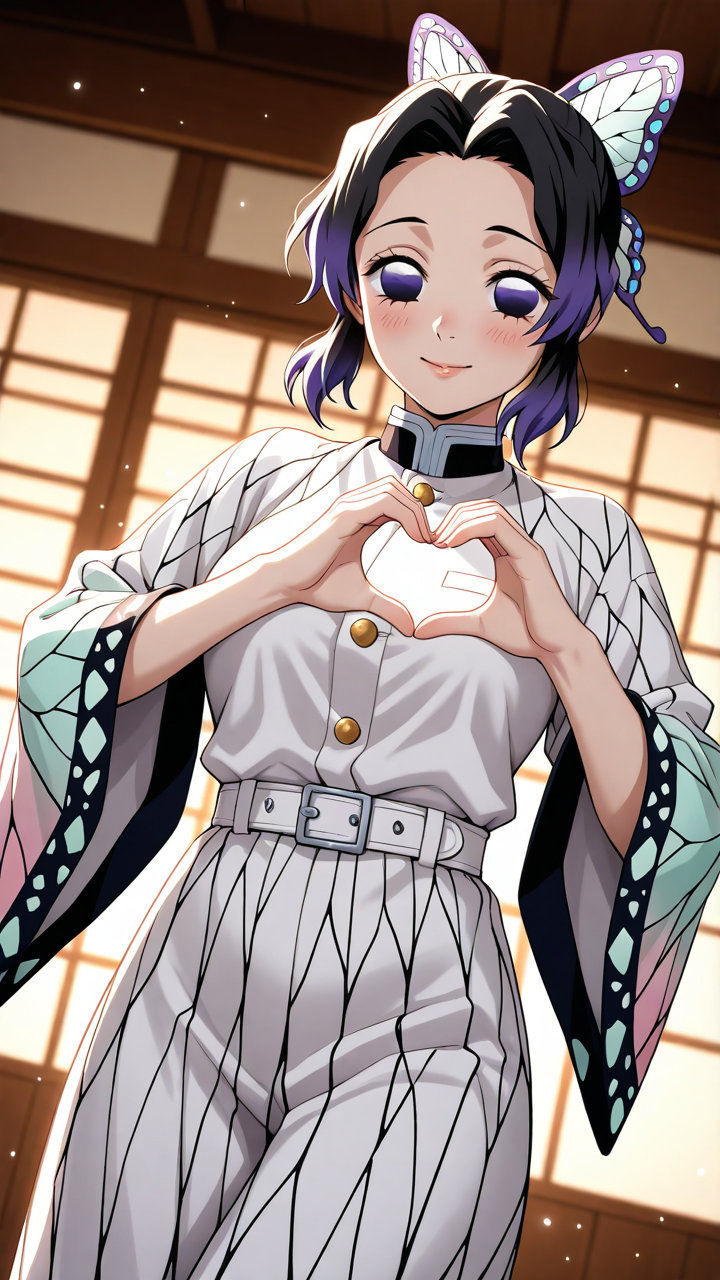 1girl, demon_slayer, short_hair, black_hair with dark_violet_tips, dark_violet_eyes, gentle_smile, gentle_eyes, happy_expression, butterfly_ribbon, hair_tied, parted_bangs, forehead_visible, anime_accurate_face, smooth_skin, subtle_blush, glossy_lips, catchlight_in_eyes, alternate_dress, elegant_outfit, stylish_outfit, flowing_fabric, intricate_patterns, layered_clothing, soft_fabric_folds, delicate_hair_strands, bokeh_background, dreamy_background, artistic_angle, cinematic_lighting, rim_lighting, volumetric_light, light_particles, vibrant_colors, soft_glow, depth_of_field, anime_style, best_quality, ultra_detailed, hyper_detailed, highly_detailed_face, detailed_eyes, perfect_anatomy, smooth_render, 8k, dynamic_angle, soft_shading, beautiful_lighting, Kochou Shinobu, heart hands