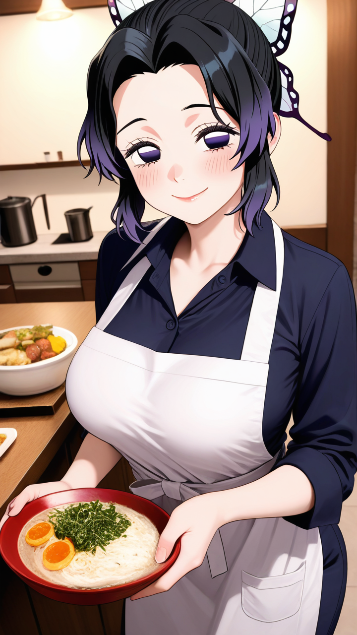 Kochou Shinobu, smile, blush, cowboy shot, depth of field, apron, restaurant kitchen, medium long shot, looking at viewer, depth of field, realistic