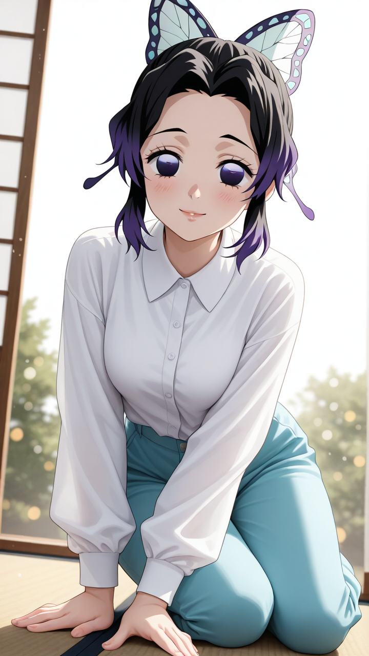 Kochou Shinobu, 1girl, demon_slayer, short_hair, black_hair with violet_tips, violet_eyes, (violet_eyes:1.3), bright_eyes, glossy_eyes, (eye_reflection:1.2), (vivid_eyes:1.2), (gradient_eyes:1.1), (anime_shiny_eyes:1.2), (detailed_iris:1.3), smooth_skin, shiny_skin, light_blush, subtle_blush, soft_glow, radiant_light, (detailed_face:1.3), (detailed_eyes:1.3), glossy_lips, butterfly_ribbon, hair_tied, parted_bangs, forehead_visible, gentle_smile, calm_expression, calm_eyes, subtle_eyelashes, detailed_eyes, anime_accurate_face, alternate_dress, elegant_outfit, stylish_outfit, layered_clothing, soft_fabric_folds, reflective_fabric, intricate_hair_strands, silky_hair, cinematic_lighting, artistic_angle, dynamic_angle, light_particles, vibrant_colors, pastel_color_palette, harmonious_colors, depth_of_field, alternate_pose, soft_focus, bokeh, best_quality, ultra_detailed, hyper_detailed, highly_detailed_face, smooth_render, 8k, perfect_anatomy, soft_shading, beautiful_lighting, anime_style, full body, looking at viewer, depth of field, white background, bohemian shirt, casual pants
