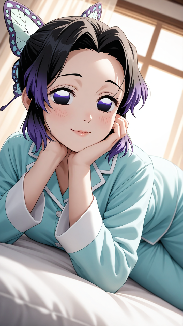 Kochou Shinobu, 1girl, demon_slayer, short_hair, black_hair with violet_tips, violet_eyes, (violet_eyes:1.3), bright_eyes, glossy_eyes, (eye_reflection:1.2), (vivid_eyes:1.2), (gradient_eyes:1.1), (anime_shiny_eyes:1.2), (detailed_iris:1.3), smooth_skin, shiny_skin, light_blush, subtle_blush, soft_glow, radiant_light, (detailed_face:1.3), (detailed_eyes:1.3), glossy_lips, butterfly_ribbon, hair_tied, parted_bangs, forehead_visible, gentle_smile, calm_expression, calm_eyes, subtle_eyelashes, detailed_eyes, anime_accurate_face, alternate_dress, elegant_outfit, stylish_outfit, layered_clothing, soft_fabric_folds, reflective_fabric, intricate_hair_strands, silky_hair, cinematic_lighting, artistic_angle, dynamic_angle, light_particles, vibrant_colors, pastel_color_palette, harmonious_colors, depth_of_field, alternate_pose, soft_focus, bokeh, best_quality, ultra_detailed, hyper_detailed, highly_detailed_face, smooth_render, 8k, perfect_anatomy, soft_shading, beautiful_lighting, anime_style, full body, looking at viewer, from below, lie on stomach, pajamas, tassels, bedroom