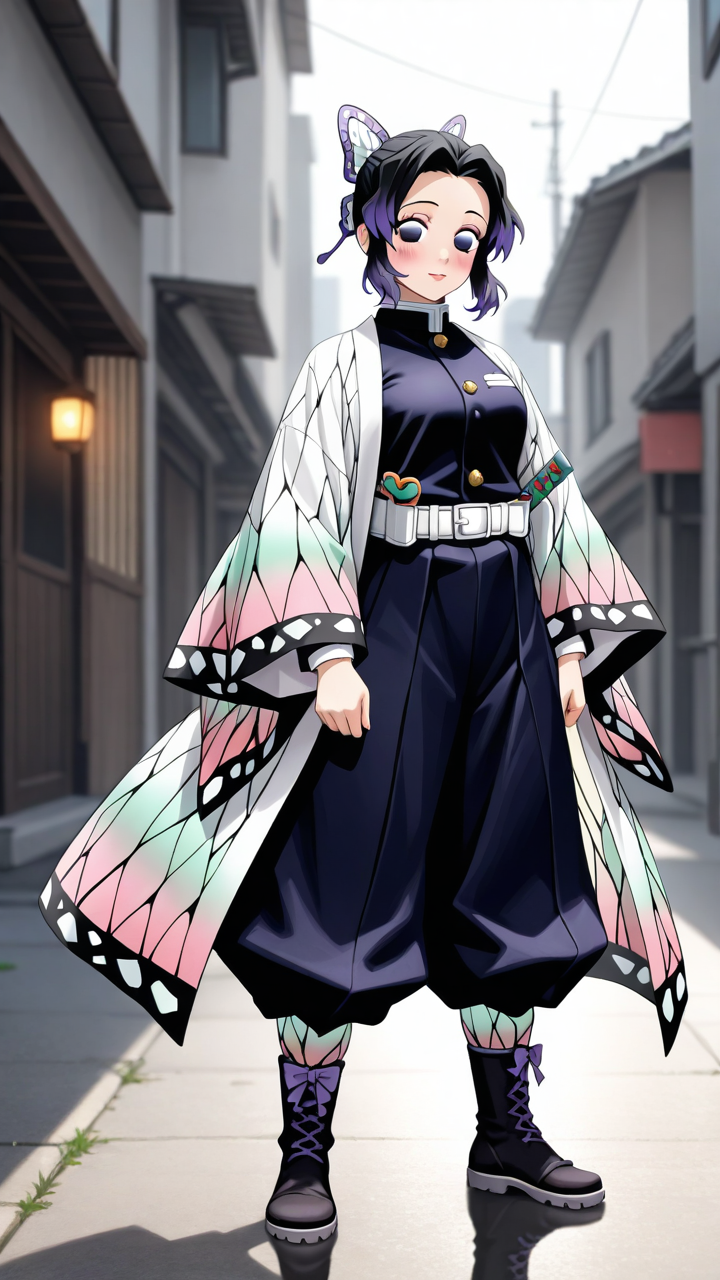 Kochou Shinobu, 1girl, demon_slayer, short_hair, black_hair with violet_tips, violet_eyes, (violet_eyes:1.3), bright_eyes, glossy_eyes, (eye_reflection:1.2), (vivid_eyes:1.2), (gradient_eyes:1.1), (anime_shiny_eyes:1.2), (detailed_iris:1.3), smooth_skin, shiny_skin, light_blush, soft_glow, radiant_light, (detailed_face:1.3), (detailed_eyes:1.3), glossy_lips, butterfly_ribbon, hair_tied, parted_bangs, forehead_visible, gentle_smile, calm_expression, soft_blush, subtle_eyelashes, detailed_eyes, anime_accurate_face, alternate_dress, elegant_outfit, reflective_fabric, cinematic_lighting, vibrant_colors, soft_glow, depth_of_field, pastel_color_palette, harmonious_colors, intricate_hair_strands, silky_hair, alternate_pose, soft_focus, bokeh, best_quality, ultra_detailed, 8k, perfect anatomy, soft_shading, beautiful_lighting, anime_style, wearing a dark grey modern tactical military uniform, bulletproof vest, combat boots, radio headset, urban battlefield background, full body, looking at viewer