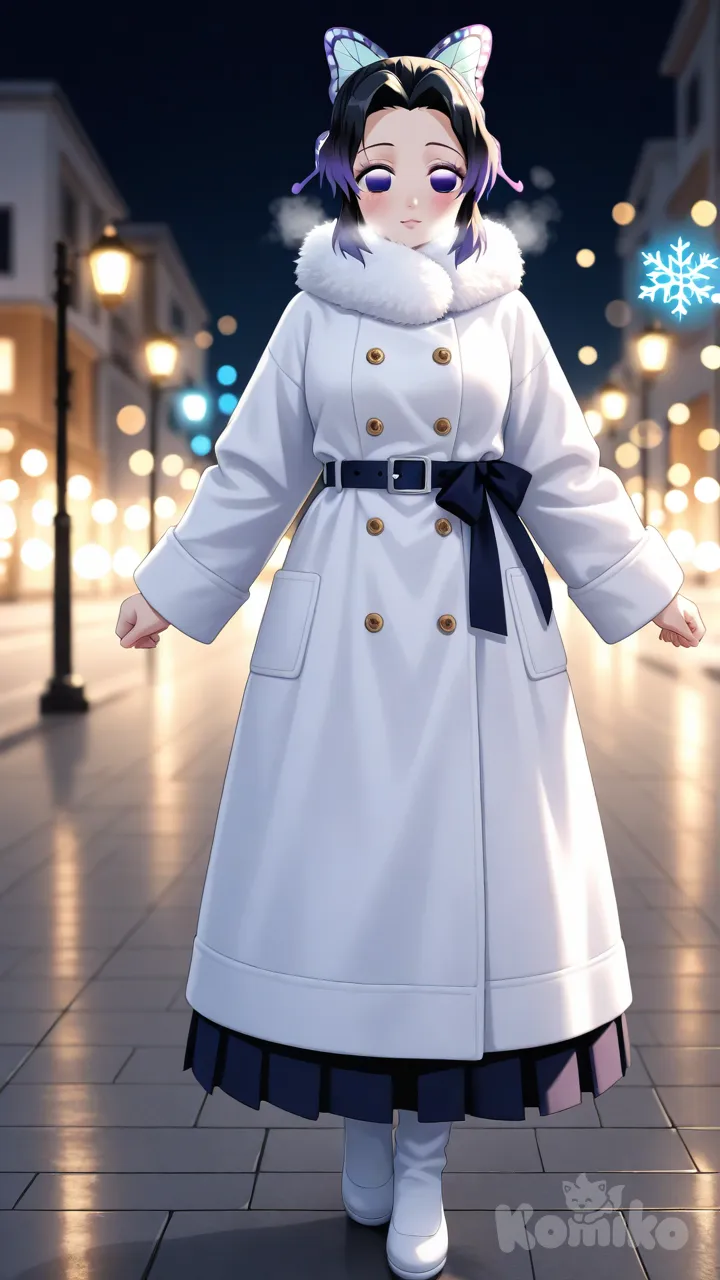 Kochou Shinobu, 1girl, demon_slayer, short_hair, black_hair with violet_tips, violet_eyes, (violet_eyes:1.3), bright_eyes, glossy_eyes, (eye_reflection:1.2), (vivid_eyes:1.2), (gradient_eyes:1.1), (anime_shiny_eyes:1.2), (detailed_iris:1.3), smooth_skin, shiny_skin, light_blush, soft_glow, radiant_light, (detailed_face:1.3), (detailed_eyes:1.3), glossy_lips, butterfly_ribbon, hair_tied, parted_bangs, forehead_visible, gentle_smile, calm_expression, soft_blush, subtle_eyelashes, detailed_eyes, anime_accurate_face, alternate_dress, elegant_outfit, reflective_fabric, cinematic_lighting, vibrant_colors, soft_glow, depth_of_field, pastel_color_palette, harmonious_colors, intricate_hair_strands, silky_hair, alternate_pose, soft_focus, bokeh, best_quality, ultra_detailed, 8k, perfect anatomy, soft_shading, beautiful_lighting, anime_style, long winter coat with fur collar, holding hands out to catch snowflakes, glowing street lamps in snowy night, cold breath visible, soft blue light, full body