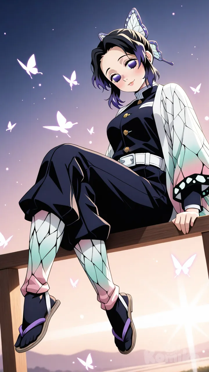 Kochou Shinobu, 1girl, demon_slayer, short_hair, black_hair with violet_tips, violet_eyes, gentle_smile, calm_eyes, butterfly_ribbon, hair_tied, parted_bangs, forehead_visible, anime_accurate_face, smooth_skin, subtle_blush, glossy_lips, elegant_outfit, stylish_outfit, layered_clothing, soft_fabric_folds, delicate_hair_strands, cinematic_lighting, artistic_angle, light_particles, vibrant_colors, soft_glow, depth_of_field, best_quality, ultra_detailed, hyper_detailed, highly_detailed_face, detailed_eyes, perfect_anatomy, smooth_render, 8k, dynamic_angle, soft_shading, beautiful_lighting, anime_style,pant,sequin top, full body, jeans