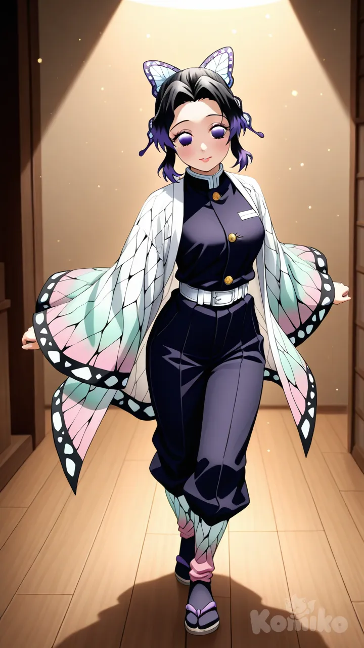 Kochou Shinobu, 1girl, demon_slayer, short_hair, black_hair with violet_tips, violet_eyes, gentle_smile, calm_eyes, butterfly_ribbon, hair_tied, parted_bangs, forehead_visible, anime_accurate_face, smooth_skin, subtle_blush, glossy_lips, elegant_outfit, stylish_outfit, layered_clothing, soft_fabric_folds, delicate_hair_strands, cinematic_lighting, artistic_angle, light_particles, vibrant_colors, soft_glow, depth_of_field, best_quality, ultra_detailed, hyper_detailed, highly_detailed_face, detailed_eyes, perfect_anatomy, smooth_render, 8k, dynamic_angle, soft_shading, beautiful_lighting, anime_style, jeans, sequin top, full body