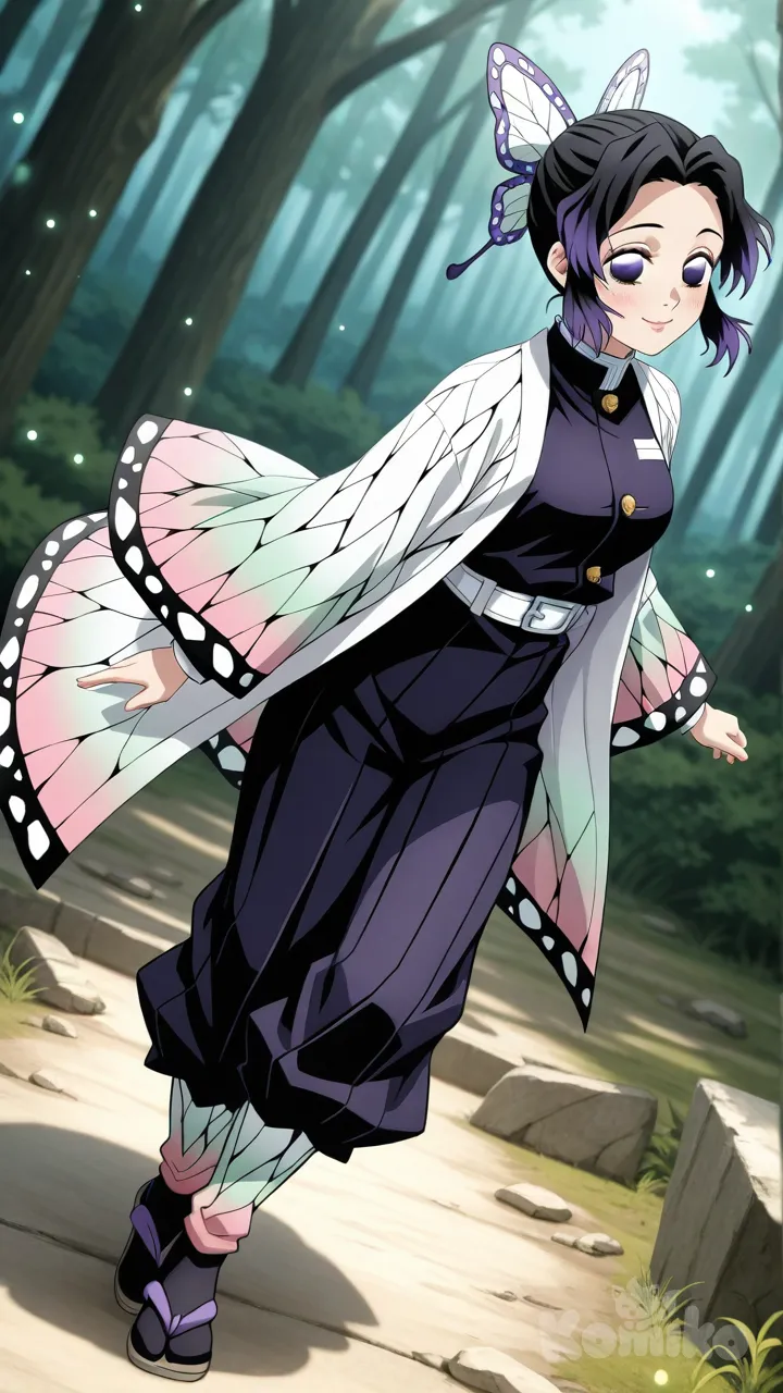 1girl, kochou_shinobu, demon_slayer, butterfly_hair_ornament, black_hair with purple_tips, purple_eyes, (bright_eyes:1.3), glossy_eyes, (eye_reflection:1.2), (vivid_eyes:1.2), (gradient_eyes:1.1), (anime_shiny_eyes:1.2), (detailed_iris:1.3), smooth_skin, shiny_skin, light_blush, subtle_blush, soft_glow, radiant_light, (detailed_face:1.3), (detailed_eyes:1.3), glossy_lips, parted_bangs, gentle_smile, warm_expression, calm_eyes, subtle_eyelashes, anime_accurate_face, A-line_dress, elegant_outfit, stylish_outfit, layered_clothing, soft_fabric_folds, reflective_fabric, intricate_hair_strands, silky_hair, cinematic_lighting, artistic_angle, dynamic_angle, light_particles, vibrant_colors, pastel_color_palette, harmonious_colors, depth_of_field, soft_focus, bokeh, best_quality, ultra_detailed, hyper_detailed, highly_detailed_face, smooth_render, 8k, perfect_anatomy, soft_shading, beautiful_lighting, anime_style, full_body, standing_pose, graceful_posture, Kochou Shinobu, full body, looking at viewer, blurred background, forest, ruins
