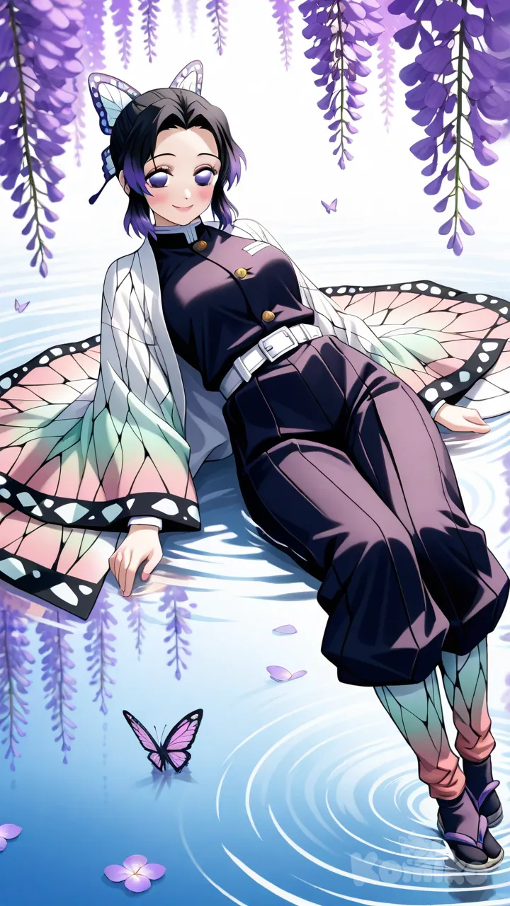 Kochou Shinobu, 1girl, demon_slayer, short_hair, black_hair with violet_tips, violet_eyes, (violet_eyes:1.3), bright_eyes, glossy_eyes, (eye_reflection:1.2), (vivid_eyes:1.2), (gradient_eyes:1.1), (anime_shiny_eyes:1.2), (detailed_iris:1.3), smooth_skin, shiny_skin, light_blush, subtle_blush, soft_glow, radiant_light, (detailed_face:1.3), (detailed_eyes:1.3), glossy_lips, butterfly_ribbon, hair_tied, parted_bangs, forehead_visible, smiling, calm_expression, calm_eyes, subtle_eyelashes, detailed_eyes, anime_accurate_face, big_chest, white_haori with butterfly_wing_pattern, demon_slayer_uniform, white_belt, floating_on_water, facing_the_sky,lying on top of water surface,from_tilted_view, surrounded_by_butterflies, violet_butterflies, pastel_pink_and_purple_flower_petal, wisteria_trees_in_background, rippling_water_surface, light_reflection_on_water, dreamy_atmosphere, cinematic_lighting, soft_shadows, depth_of_field, vibrant_colors, pastel_color_palette, harmonious_colors, best_quality, ultra_detailed, 8k, anime_style,full_body, full body, looking at viewer, lake, smile