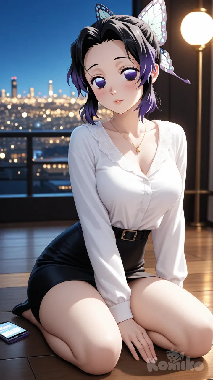 Kochou Shinobu, 1girl, demon_slayer, short_hair, black_hair with violet_tips, violet_eyes, (violet_eyes:1.3), bright_eyes, glossy_eyes, (eye_reflection:1.2), (vivid_eyes:1.2), (gradient_eyes:1.1), (anime_shiny_eyes:1.2), (detailed_iris:1.3), smooth_skin, shiny_skin, light_blush, soft_glow, radiant_light, (detailed_face:1.3), (detailed_eyes:1.3), glossy_lips, butterfly_ribbon, hair_d, parted_bangs, forehead_visible, gentle_smile, calm_expression, soft_blush, subtle_eyelashes, detailed_eyes, anime_accurate_face, full_body, alternate_dress, elegant_outfit, reflective_fabric, cinematic_lighting, vibrant_colors, depth_of_field, pastel_color_palette, harmonious_colors, intricate_hair_strands, silky_hair, alternate_pose, soft_focus, bokeh, best_quality, ultra_detailed, 8k, perfect anatomy, soft_shading, beautiful_lighting, anime_style, looking at viewer, cityscape, blue sky, bohemian shirt, pencil skirt, digital watch, necklace