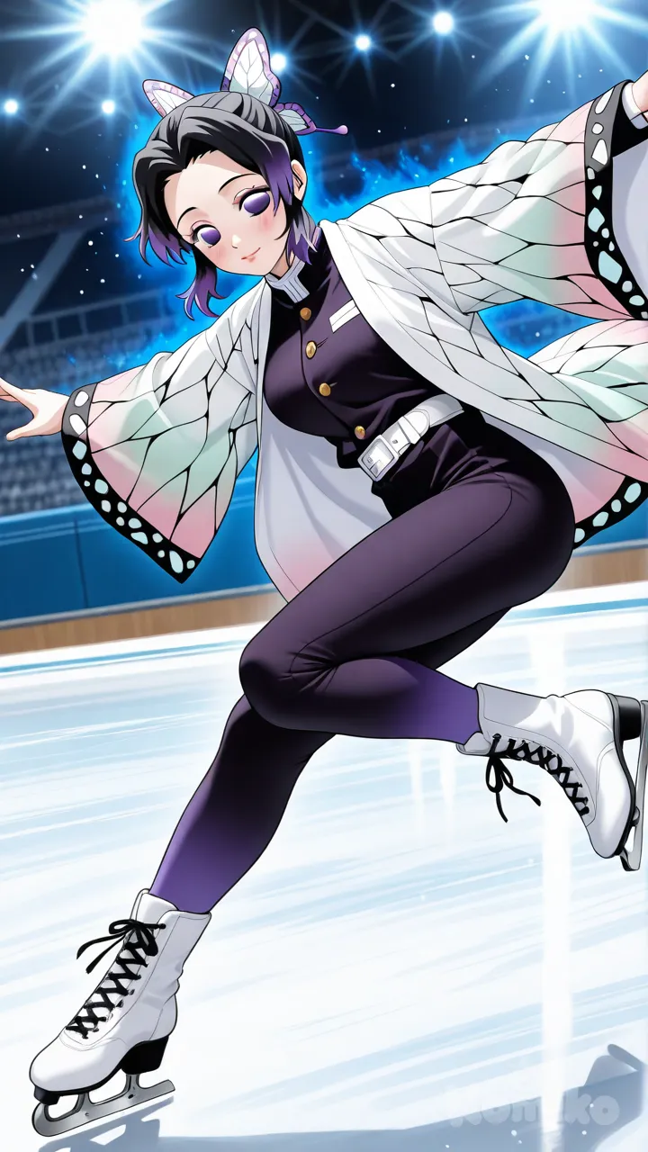 Kochou Shinobu, 1girl, full_body, demon_slayer, ice_skating_theme, skating_pose, elegant_pose, gliding_on_ice, outdoors_or_ice_stadium_background, Shinobu with short_hair, black_hair with violet_tips, violet_eyes, (detailed_iris:1.3), glossy_eyes, parted_bangs, forehead_visible, butterfly_ribbon, anime_accurate_face, smooth_skin, subtle_blush, glossy_lips, figure_skating_outfit_similar_to_reference, form-fitting_sporty_attire, long_sleeve_top, leggings_or_skating_pants, gloves, athletic_footwear_or_skates, soft_fabric_folds, reflective_fabric, intricate_hair_strands, silky_hair, flowing_movement, dynamic_pose, graceful_expression, vibrant_colors, harmonious_colors, pastel_color_palette, cinematic_lighting, light_particles, artistic_angle, depth_of_field, soft_focus, bokeh, purple_aura_on_ice_beneath_skates, glowing_trail, best_quality, ultra_detailed, hyper_detailed, highly_detailed_face, smooth_render, perfect_anatomy, 8k, anime_style.