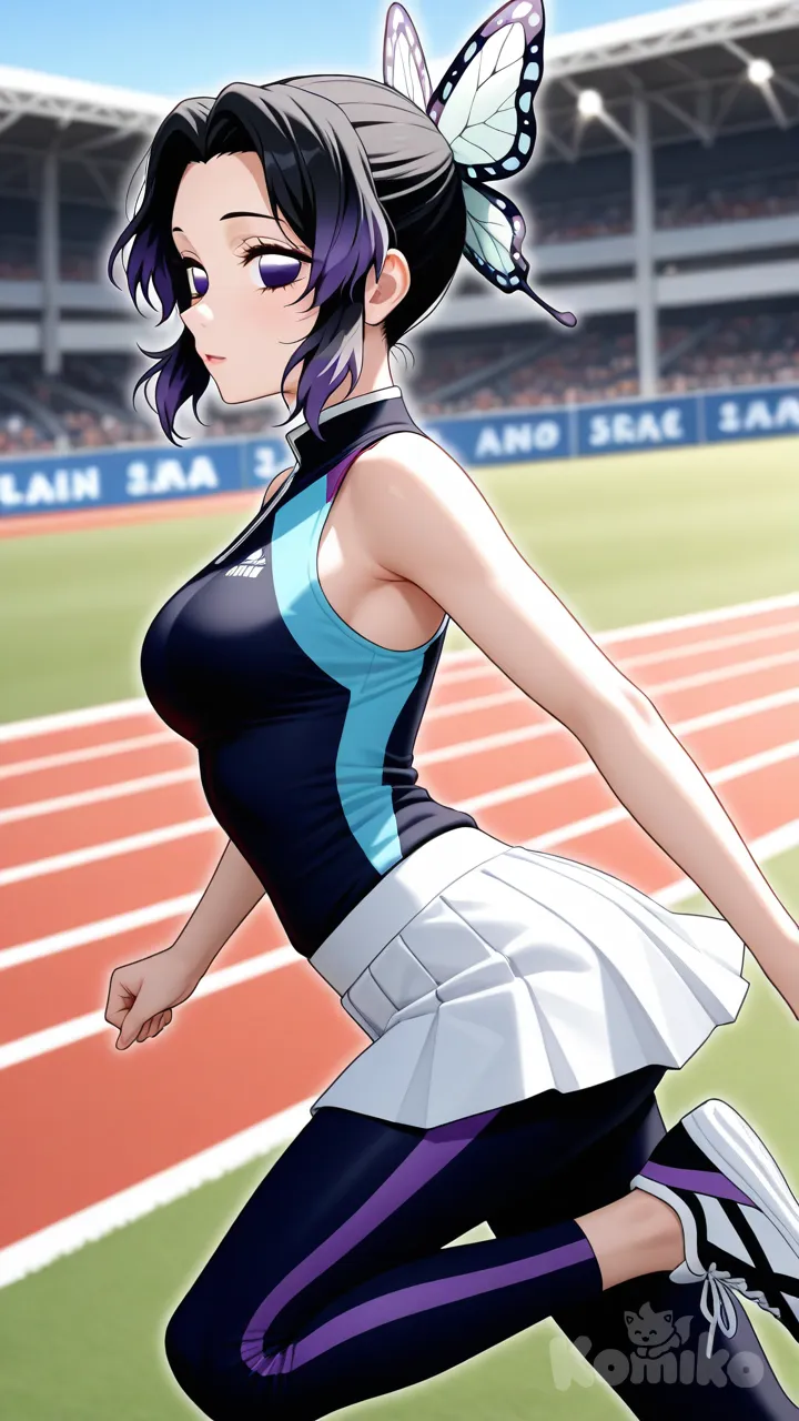 Kochou Shinobu, 1girl, full_body, side_view, dynamic_running_pose, anime_girl athlete, short_black_hair with purple_tips, purple_eyes, parted_bangs, visible_forehead, butterfly_ribbon, focused_expression, sporty_outfit, sleeveless_top, pleated_skirt, compression_leggings, running_shoes, athletic_motion, purple_aura_trail, glowing_energy_particles, motion_lines, cinematic_lighting, spotlight_effect, blurred_background_race_track, track_field, anime_style, best_quality, ultra_detailed, ., looking at viewer, side profile photo, blue sky