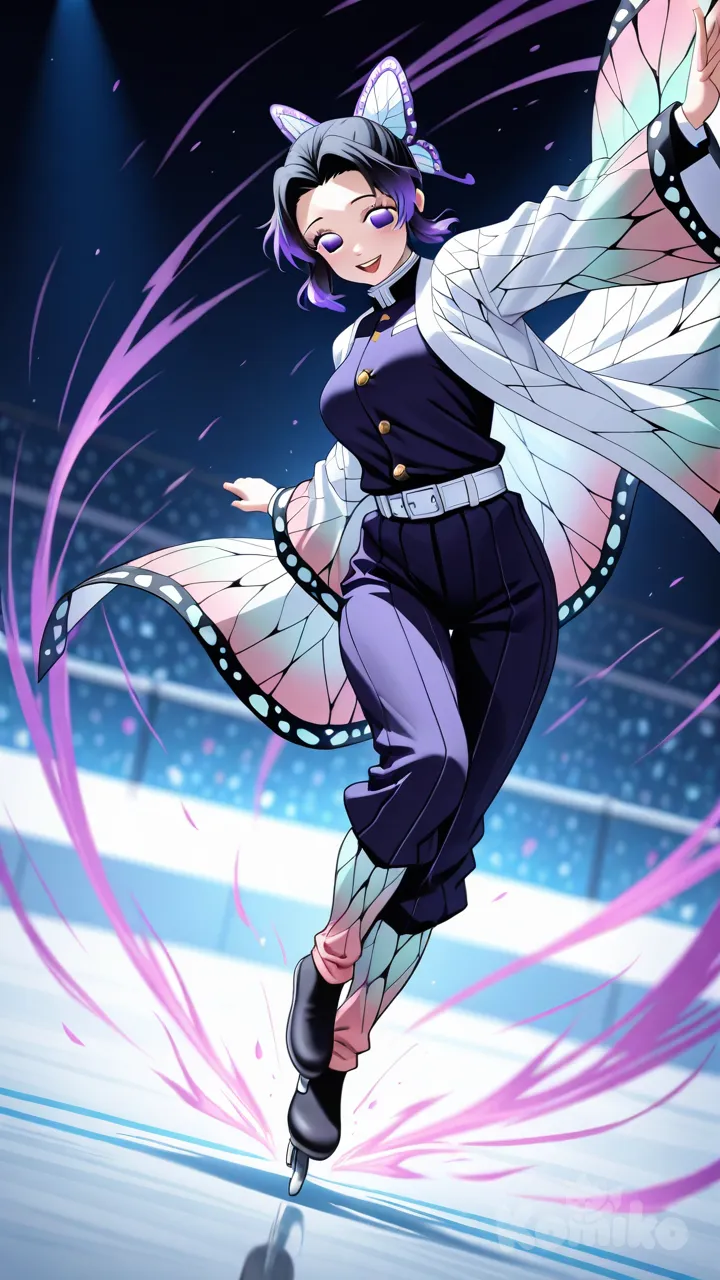 Kochou Shinobu, 1girl, demon_slayer, roller_skating, full_body, dynamic_pose, skating_motion, speed_trails, flowing_movement, black_hair with purple_tips, gradient_hair, parted_bangs, forehead_visible, violet_eyes, (shiny_violet_eyes:1.3), (detailed_eyes:1.3), glossy_lips, calm_expression, confident_smile, athletic_outfit, sporty_design, stylish_skating_gear, glowing_blades, purple_energy_aura, (ethereal_flames:1.3), (aura_particles:1.2), neon_highlights, cinematic_lighting, spotlight_effect, strong_contrast, detailed_muscles, smooth_skin, reflective_fabric, fluttering_ribbons, wind_effect, action_composition, tilted_angle, intense_focus, background_energy_lines, abstract_shapes, glowing_symbols, (minimal_background:1.3), focus_on_character, best_quality, ultra_detailed, hyper_detailed, dynamic_anime_art, vibrant_colors, depth_of_field, motion_blur, anime_style, 8k, laughing, full body, depth of field
