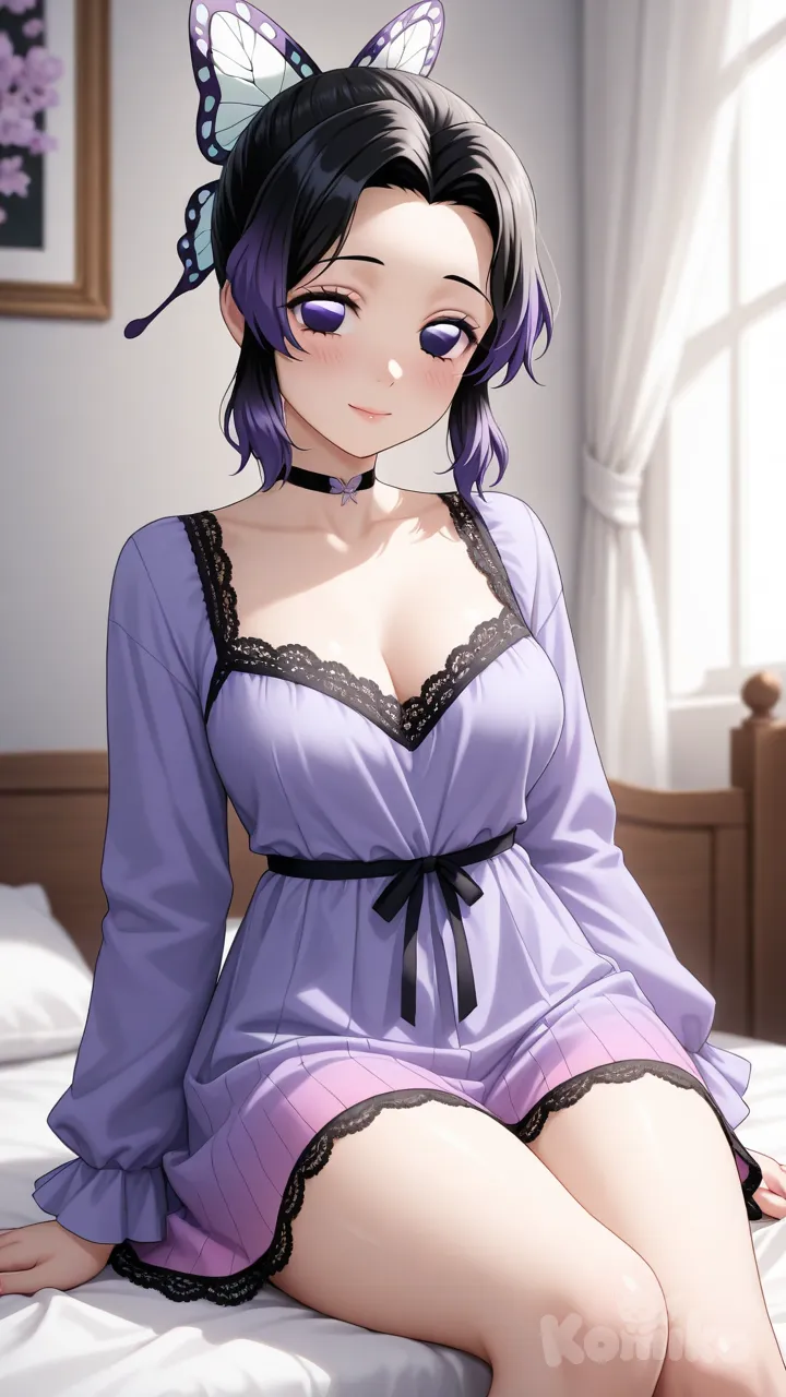 Kochou Shinobu, 1girl, anime_style, highly_detailed, best_quality, ultra_detailed, short_hair tied_in_high_ponytail, black_hair with violet_tips, glossy_hair, butterfly_hair_accessory, violet_eyes, (vivid_violet_eyes:1.3), (detailed_eyes:1.3), glossy_eyes, smooth_skin, glossy_skin, subtle_blush, soft_glow, calm_expression, gentle_smile, elegant_choker, detailed_face, delicate_eyelashes, silky_hair, detailed_strands, anime_shiny_skin, (beautifully_detailed_skin:1.3), soft_shadows, vibrant_colors, cinematic_lighting, dreamy_lighting, on_bed, soft_sheets, cozy_atmosphere, depth_of_field, (detailed_outfit:1.3), alternate_dress, stylish_fashion, lace_trim, delicate_patterns, flowing_fabric, pastel_colors, ultra_detailed_clothing, perfect_anatomy, 8k, sharp_focus, looking at viewer