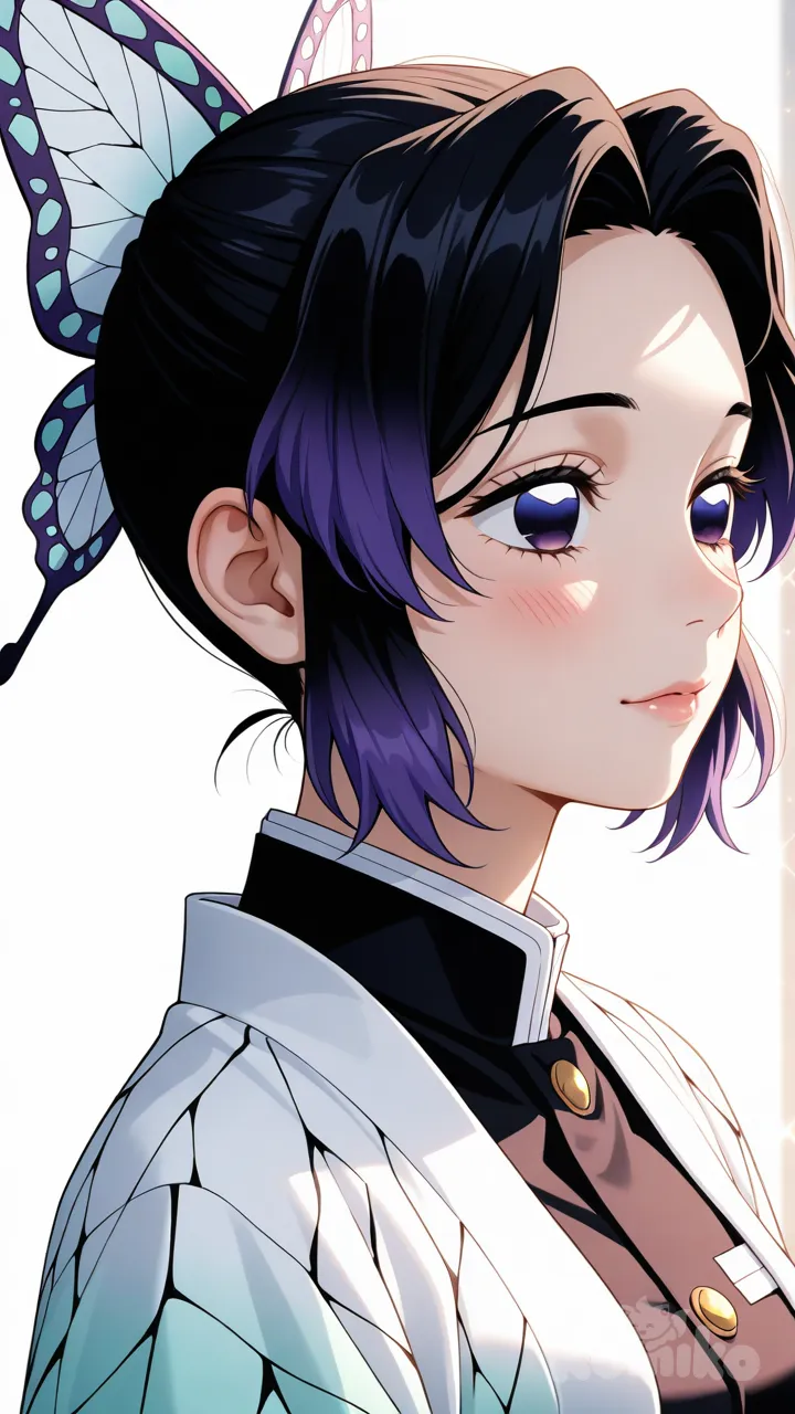 Kochou Shinobu, 1girl, full_body, demon_slayer, short_hair, black_hair with violet_tips, violet_eyes, (bright_eyes:1.3), (eye_reflection:1.2), smooth_skin, shiny_skin, subtle_blush, soft_glow, radiant_light, (detailed_face:1.3), (detailed_eyes:1.2), glossy_lips, butterfly_ribbon, hair_tied, parted_bangs, forehead_visible, gentle_smile, calm_expression, calm_eyes, subtle_eyelashes, anime_accurate_face, elegant_outfit, layered_clothing, soft_fabric_folds, reflective_fabric, intricate_hair_strands, silky_hair, cinematic_lighting, artistic_angle, dynamic_pose, soft_focus, bokeh, light_particles, vibrant_colors, pastel_palette, harmonious_colors, depth_of_field, ultra_detailed, smooth_render, 8k, perfect_anatomy, soft_shading, beautiful_lighting, anime_style, full body, wide shot, white background, sparkle, tuxedo