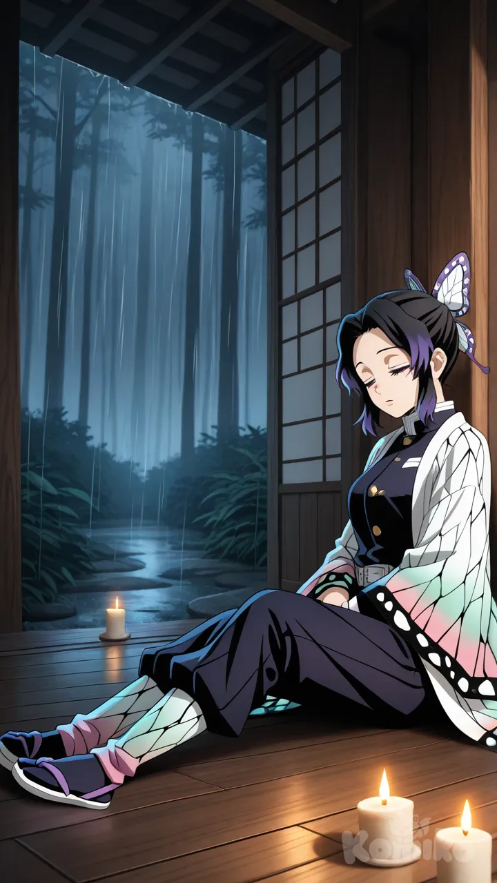 Kochou Shinobu, 1girl, sleeping peacefully while sitting against wall while leaning on the wooden wall of a Japanese engawa porch outside the room, one leg bent up close to her chest and the other stretched straight on the floor, wearing the Demon Slayer Corps uniform pants with her butterfly-patterned haori draped naturally, candle glowing softly beside her, and rain falling gently outside the porch while the interior wood floor stays dry, dark forest background blurred in the distance, serene expression, calm atmosphere, medium night, cinematic lighting, soft glow from candle, volumetric lighting, reflective wet ground outside, clear boundary of rain beyond the porch roof, butterfly hair ornament, visible, sleepy mood, wide shot and side view, anime style, ultra-8k, perfect anatomy, smooth shading, face, eyes, artistic composition, beautiful rain reflections, immersive atmosphere.