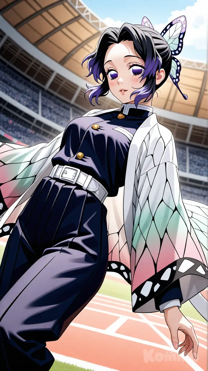 Kochou_Shinobu,Demon_Slayer,1girl,full_body,young_adult,age_20, short_hair,black_hair_with_violet_tips,butterfly_ribbon,hair_tied,parted_bangs,forehead_visible, violet_eyes,(bright_eyes:1.3),(eye_reflection:1.2),(detailed_eyes:1.2),glossy_lips,subtle_eyelashes,smooth_skin,shiny_skin,subtle_blush,gentle_smile,calm_expression,mature_face,anime_accurate_face,(detailed_face:1.3),looking_at_viewer, elegant_outfit,alternate_outfit,layered_clothing,soft_fabric_folds,reflective_fabric,intricate_hair_strands,silky_hair, cinematic_lighting,artistic_angle,dynamic_pose,depth_of_field,soft_focus,bokeh,light_particles,radiant_light,soft_glow,vibrant_colors,pastel_palette,harmonious_colors, ultra_detailed,smooth_render,perfect_anatomy,soft_shading,beautiful_lighting,8k,anime_style, looking at viewer, stadium, blue sky