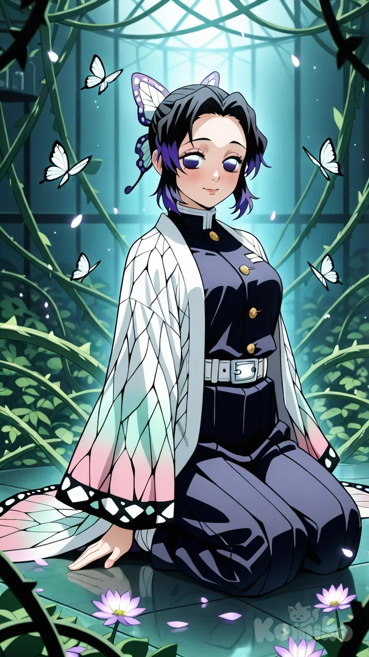 Kochou Shinobu, demon_slayer, 1girl, anime_accurate_face, smooth_skin, glossy_lips, subtle_blush, butterfly_ribbon, black_hair with violet_tips, violet_eyes, calm_expression, gentle_smile, elegant_pose, hakama pants, demon slayer uniform, Shinobu kneeling inside a glowing biomechanical greenhouse laboratory, surrounded by towering hybrid plants with transparent stems showing glowing circuits instead of veins, crystal-like flowers blooming with microchips at their centers, massive robotic roots spreading across the floor merging with moss and bioluminescent fungi, floating mechanical spores glowing like tiny nanobots in the air, Shinobu gently examining a cybernetic flower with glowing petals, her hand close to its core as holographic data screens project above her palm, butterflies with metallic wings and holographic trails fluttering around her, some robotic butterflies carrying glowing test_tube samples filled with luminous liquids to assist Shinobu, vines with fiber-optic lights wrapping around steel support structures, Shinobu’s outfit blending delicate silk and glowing circuit patterns, background filled with tall glass tubes containing glowing bioengineered plants suspended in liquid, warm candle-like lights blending with futuristic neon glows, cinematic lighting, soft shadows, vibrant atmosphere, scientific yet magical, best_quality, ultra_detailed, highly_detailed_face, perfect_anatomy, anime_style, 8k
