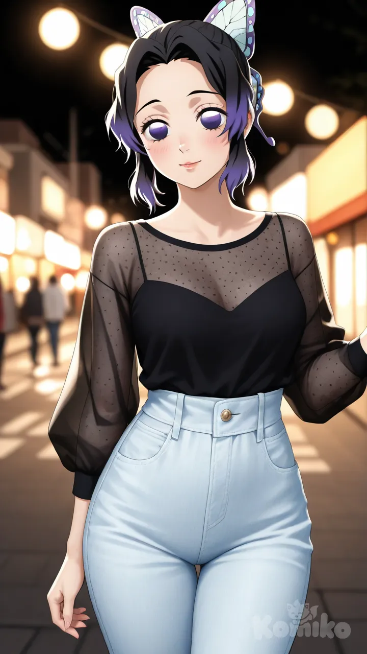 kochou shinobu, 1girl, demon_slayer, short_hair, black_hair with violet_tips, violet_eyes, (violet_eyes:1.3), bright_eyes, glossy_eyes, (eye_reflection:1.2), (detailed_eyes:1.3), glossy_lips, subtle_eyelashes, smooth_skin, shiny_skin, subtle_blush, gentle_smile, calm_expression, anime_accurate_face, butterfly_ribbon, hair_tied, parted_bangs, forehead_visible, intricate_hair_strands, silky_hair, (mesh_top:1.3), see-through_fabric, stylish_outfit, layered_clothing, soft_fabric_folds, reflective_fabric, (black_bralette_underneath:1.2), (high-waisted_jeans:1.3), fitted_pants, outdoor_outfit, casual_elegant, modern_fashion, streetwear, delicate_design, cinematic_lighting, soft_glow, artistic_angle, depth_of_field, bokeh, pastel_color_palette, harmonious_colors, best_quality, ultra_detailed, hyper_detailed, highly_detailed_face, smooth_render, perfect_anatomy, anime_style, 8k, scenic_background, outdoors, natural_light