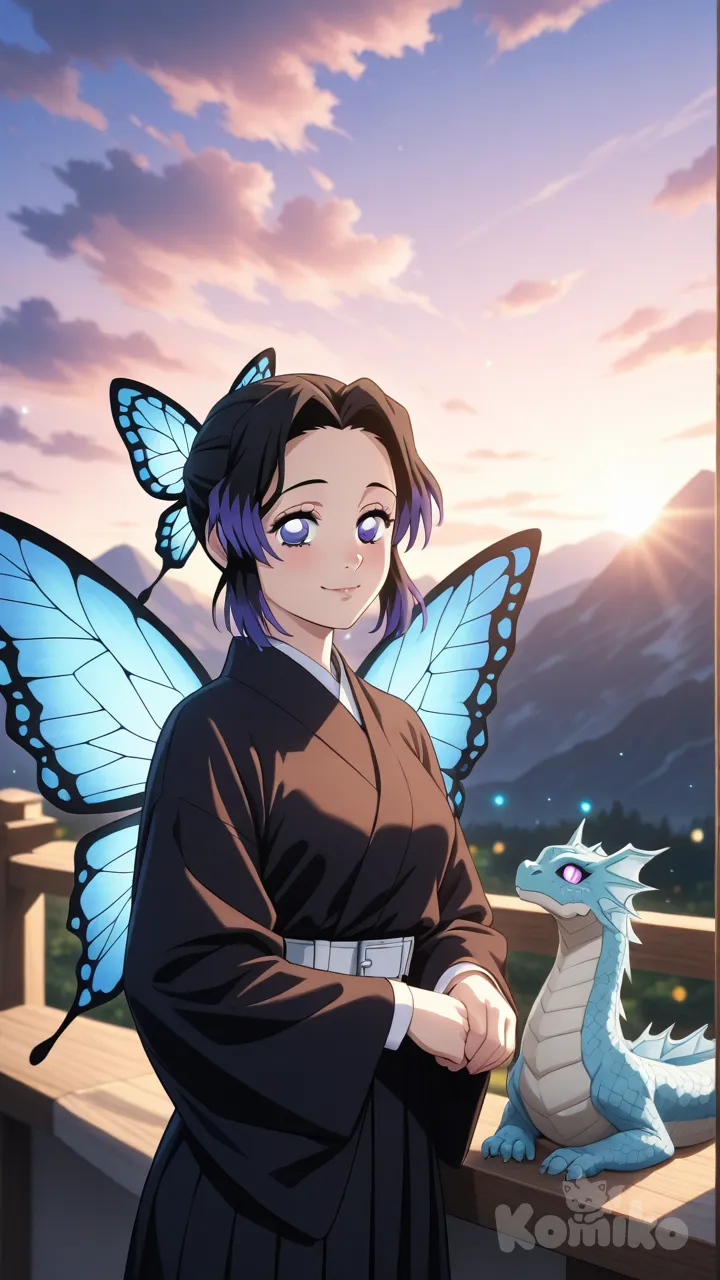 Kocho Shinobu, Demon Slayer, 1girl, adult, short hair, black hair with violet tips, butterfly ribbon, hair tied, parted bangs, forehead visible, violet eyes, (bright eyes:1.3), (eye reflection:1.2), (eyes:1.2), glossy lips, subtle eyelashes, smooth skin, shiny skin, subtle blush, gentle smile, calm expression, mature face, anime accurate face, (face:1.3), looking at viewer, standing, elegant stance, beside her a giant butterfly-dragon hybrid monster with glowing wings, loyal companion, soft interaction, Shinobu’s hand gently resting on the creature’s head, serene bond between girl and beast, cinematic background, mountain cliff at sunset, glowing sky, soft clouds, radiant light, soft glow, light particles, natural and fantasy blend, vibrant colors, pastel palette, harmonious colors, layered clothing, soft fabric folds, reflective fabric, intricate hair strands, silky hair, cinematic lighting, depth of field, soft focus, bokeh, ultra smooth render, perfect anatomy, soft shading, beautiful lighting, 8k, anime style