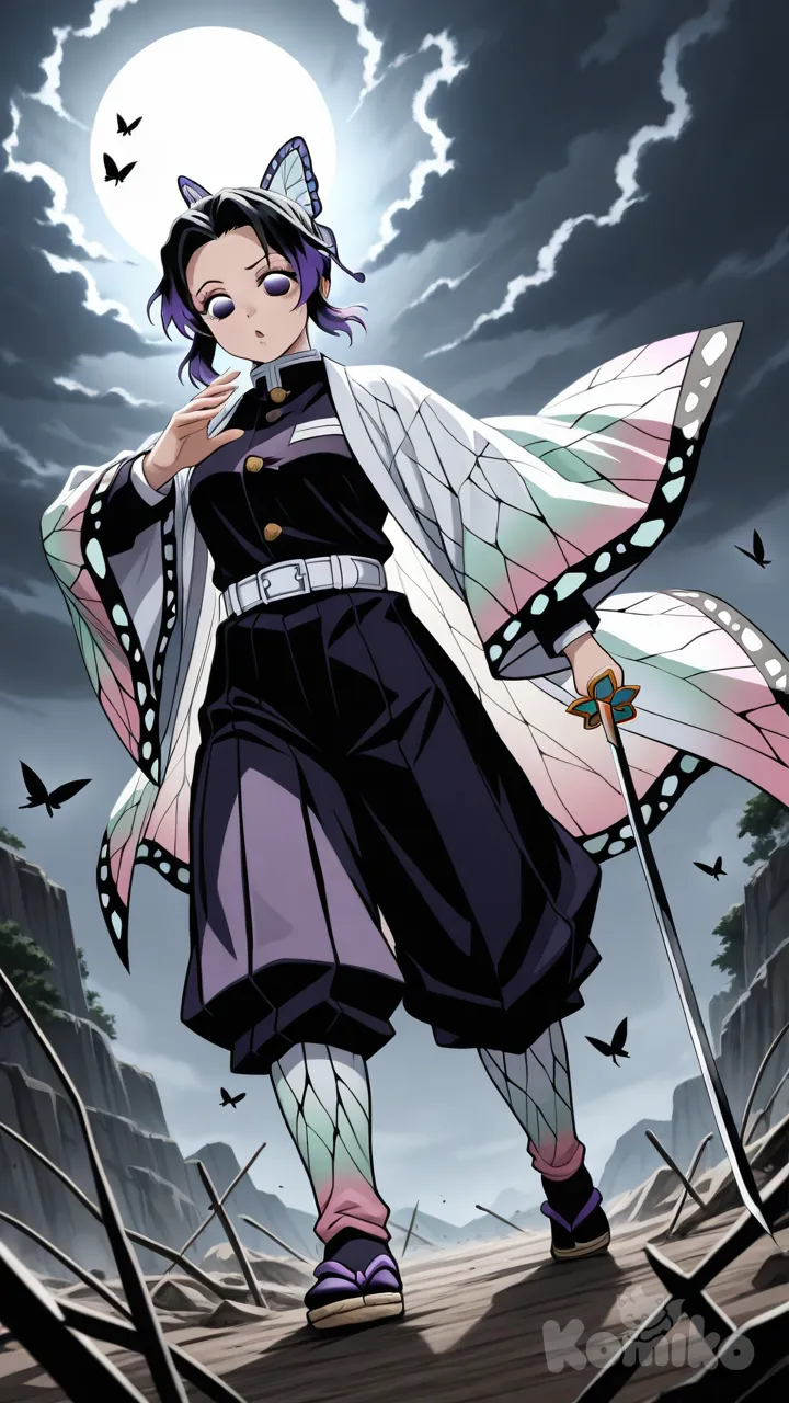 Kochou Shinobu, Demon Slayer, 1girl, full body, standing in front of a large friendly monster, protective stance, one hand stretched backward with fingers spread signaling the monster to stay behind her, the other hand gripping her glowing Nichirin sword, determined expression, hair and haori blowing in the strong wind, butterfly ribbon fluttering, wide-angle shot, dramatic low-angle perspective, dark cloudy evening sky, distant angry villagers with weapons chasing in the background, tense atmosphere, dynamic composition, Shinobu in the foreground with the monster close behind her, cinematic lighting, powerful sense of scale, ultra anime style, 8k.
