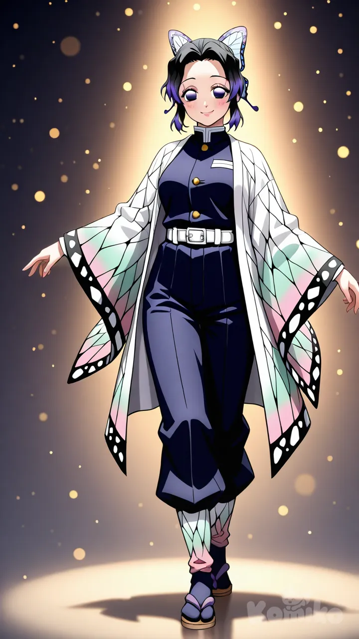 Kochou Shinobu, Demon Slayer, 1girl, adult, short hair, black hair with violet tips, butterfly ribbon, hair tied, parted bangs, forehead visible, violet eyes, (bright eyes:1.3), (eye reflection:1.2), (eyes:1.2), glossy lips, subtle eyelashes, smooth skin, shiny skin, subtle blush, gentle smile, calm expression, mature face, anime accurate face, (face:1.3), looking at viewer, standing, gradient background, jeans short bottom, jeans top, layered clothing, soft fabric folds, reflective fabric, intricate hair strands, silky hair, cinematic lighting, depth of field, soft focus, bokeh, light particles, radiant light, soft glow, vibrant colors, pastel palette, harmonious colors, ultra smooth render, perfect anatomy, soft shading, beautiful lighting, 8k, anime style, full body