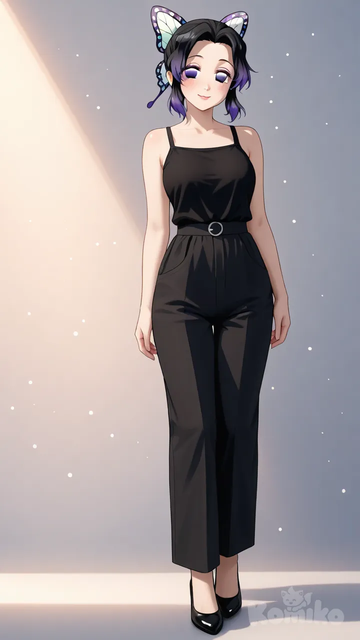 Kochou Shinobu, 1girl, adult, full body, entire character visible, standing pose, casual chic outfit, stylish top, elegant pants, alternate dress variation, clean silhouette, fashionable streetwear style, short hair, black hair with violet tips, butterfly ribbon, hair tied, parted bangs, forehead visible, violet eyes, (bright eyes:1.3), (eye reflection:1.2), glossy eyes, glossy lips, subtle eyelashes, smooth skin, soft blush, gentle smile, calm expression, anime accurate face, looking at viewer, cinematic lighting, soft shadows, pastel gradient background, dreamy atmosphere, radiant light, light particles, warm tones, harmonious colors, bokeh, soft focus, vibrant colors, sharp details, beautiful composition, (ultra perfect anatomy, 8k, anime style)