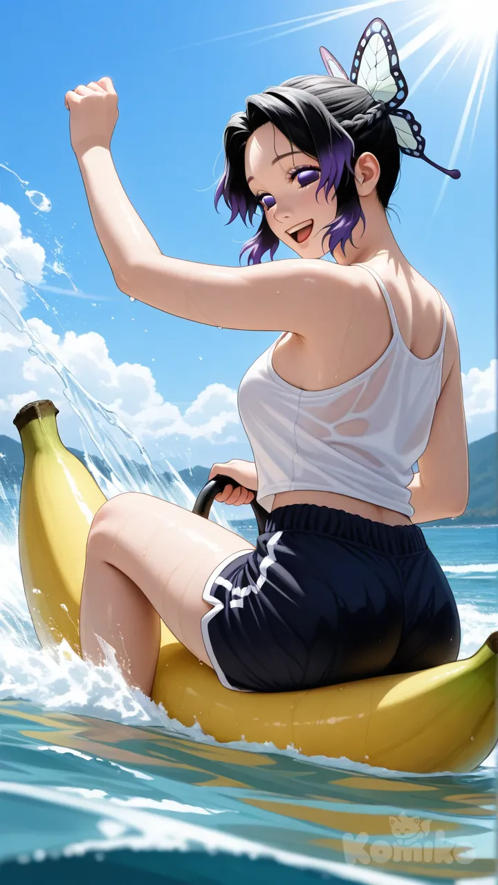 Kochou Shinobu, Demon Slayer, 1girl, female, solo, black hair with violet tips, butterfly_ribbon, short_hair, ponytail, braid, violet eyes, extremely FF Realistic Portrait, Score_9, Score_8, Score_7, score_9, score_8_up, score_7_up, MythAn1m3, realistic, high detail, photo-like, (riding a yellow banana boat), summer, holding handles, sitting in a row, speeding across water, splashing waves, excited expression, sunlight reflections on water surface, white tanktop, casual summer outfit, shorts, (back view), shiny skin, wet body, sunlight glow, (from below), ((motion blur)), ((speed lines)), motion lines, joyful smile, open mouth, energetic pose