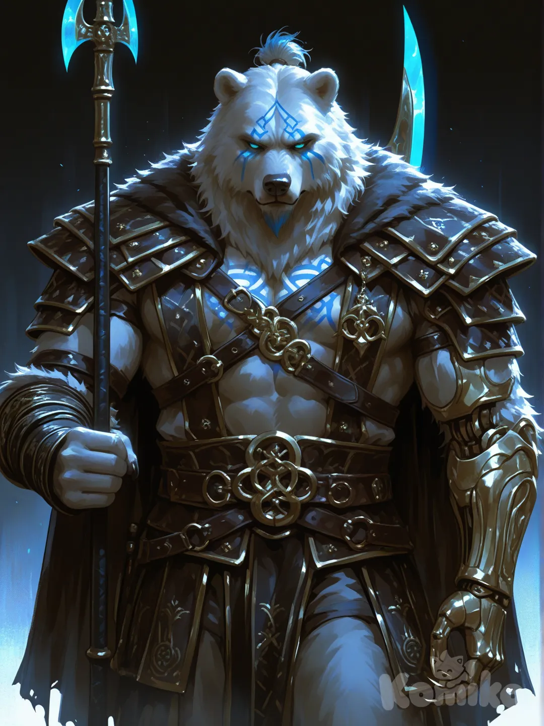 Esta é uma ilustração digital de um guerreiro de inspiração nórdica (estilo Viking), com um visual imponente e detalhes de fantasia épica.
​Aqui estão os principais elementos da imagem:
​O Personagem
​Aparência Física: É um homem robusto, de porte atlético e expressão séria. Ele tem cabelos escuros presos, uma barba curta e bem cuidada, e pinturas de guerra ou tatuagens azuis no rosto e no peito.
​Vestuário: Ele veste uma armadura de couro escura com detalhes em dourado. O elemento mais marcante é uma grande capa de pele branca (que lembra pele de urso ou lobo polar) que cai sobre seus ombros.
​Braço Mecânico: Um detalhe de fantasia interessante é o seu braço esquerdo, que parece ser uma prótese mecânica dourada com garras afiadas, sugerindo uma tecnologia mágica ou avançada para o cenário.
​Equipamento e Detalhes
​A Arma: Ele carrega uma grande arma de haste (semelhante a um machado de batalha ou uma glaive) apoiada nos ombros. A lâmina é larga, de metal escuro, adornada com runas ou entalhes que brilham em um tom azul neon.
​Adornos: Há discos dourados com símbolos celtas (nós infinitos) presos ao peito e ao cinto, reforçando a estética mitológica.
​Estilo Artístico
​Cores: A paleta é composta por tons terrosos, preto e dourado, com o branco da pele e o azul brilhante da arma servindo como pontos de contraste.
​Atmosfera: O fundo é neutro e esfumaçado, o que coloca todo o foco no personagem, dando a ele uma aura de herói lendário ou "boss" de um jogo de RPG.
​Essa arte lembra muito o estilo visual de jogos como God of War ou Assassin's Creed Valhalla., [sensual-glossy-style]