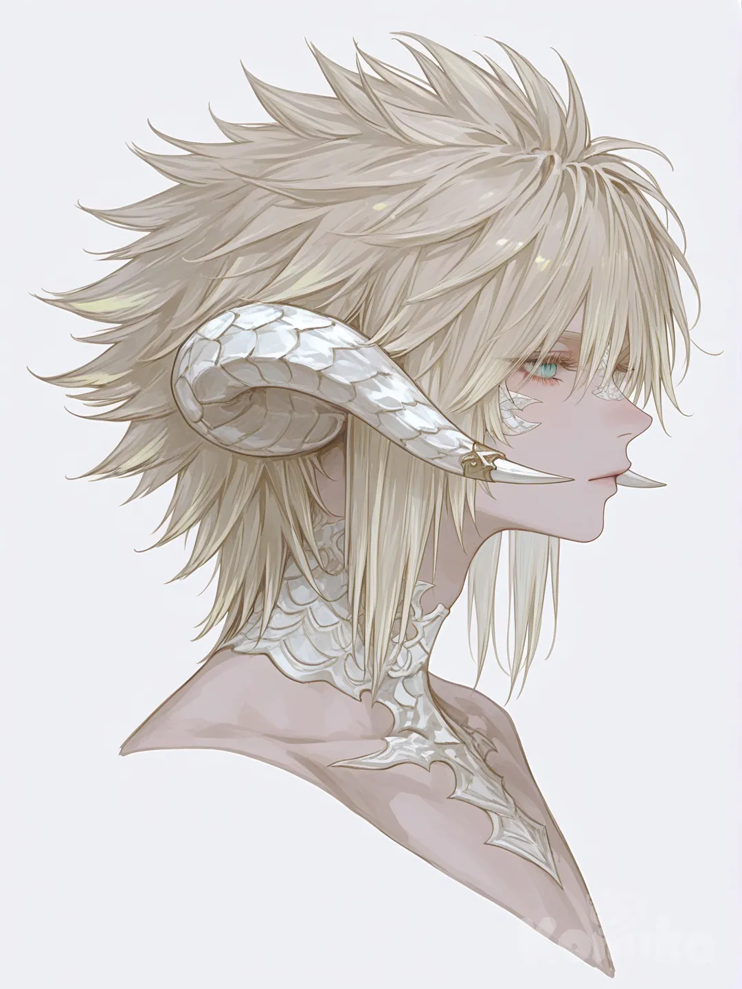 Esta é uma ilustração digital de um personagem masculino com traços fantásticos e draconianos, feita em um estilo que lembra o "concept art" de jogos de RPG japoneses (como Final Fantasy).
​A imagem foca no perfil do personagem, destacando detalhes anatômicos únicos:

​Características Físicas e Detalhes
​Elementos de Dragão: O personagem possui grandes chifres ou placas ósseas de cor marfim/cinza claro que emergem da lateral do rosto e cobrem a mandíbula e o pescoço. Há pequenos espinhos pretos saindo da região das bochechas, e escamas detalhadas descem pelo pescoço até o peito.

​Cabelo: O cabelo é volumoso, espetado e de um tom loiro acinzentado ou areia. As mechas são finas e dão uma aparência leve e bagunçada.

​Rosto: Ele tem um semblante melancólico ou sereno. O olho visível é de um tom azul-esverdeado claro, com cílios longos. Há marcas sutis de escamas ou tatuagens ao redor dos olhos e no nariz.

​Estilo de Arte: O traço é artístico e delicado, com linhas finas e uma paleta de cores suaves e desaturadas (tons pastéis, beges e cinzas). O fundo é branco limpo, o que faz o personagem se destacar.
​Atmosfera da Imagem

​A arte transmite uma sensação de nobreza e fragilidade, apesar dos elementos monstruosos (escamas e chifres). O personagem parece pertencer a uma raça mística, como os Au Ra do jogo Final Fantasy XIV., [sensual-glossy-style]