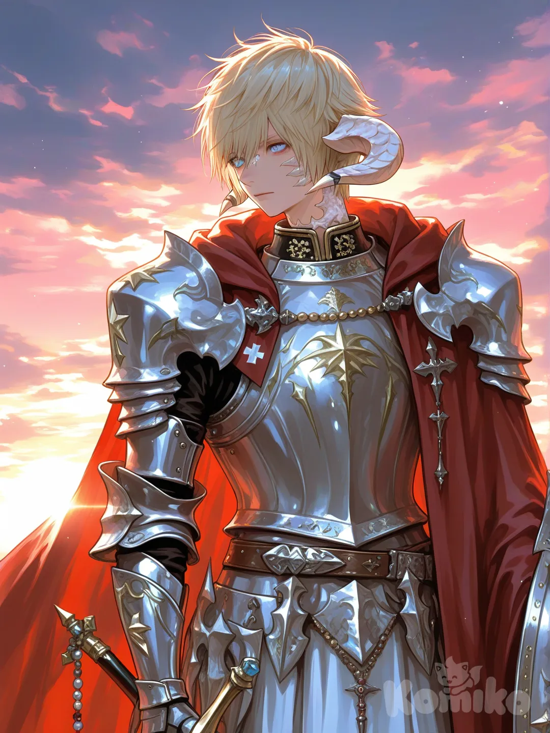 Esta é uma ilustração digital em estilo anime, com um acabamento bastante detalhado e polido, retratando um personagem que parece ser um paladino ou cavaleiro de fantasia.
​Aqui estão os principais detalhes da imagem:
​O Personagem

​Aparência Física: Ele é um homem jovem com traços refinados, olhos claros e cabelos loiros curtos e bagunçados. Um detalhe marcante são as projeções ósseas ou escamas brancas que surgem em sua mandíbula e pescoço, além de um chifre curvado que se projeta da lateral da cabeça (características comuns à raça Au Ra do jogo Final Fantasy XIV).

​Expressão: Ele possui um olhar sereno e determinado, olhando levemente para o lado, transmitindo uma aura de nobreza e prontidão.

​Vestimentas e Armadura
​Armadura: Ele usa uma armadura de placas pesada, predominantemente prateada com detalhes em dourado. O design é rebuscado, com ombreiras trabalhadas e símbolos religiosos (cruzes vermelhas) integrados ao peitoral.

​Traje: Por baixo da armadura, ele veste uma túnica branca com um símbolo azul no peito. Na cintura, usa cintos de couro com fivelas prateadas e o que parece ser um rosário ou adorno de contas pendurado.

​Capa: Uma grande capa vermelha flutua dramaticamente atrás dele, sugerindo a presença de vento.
​Composição e Estilo

​Cenário: O fundo é composto por um céu nublado em tons pastéis (rosa e lilás), com raios de sol suaves criando um efeito de "lens flare" no canto inferior direito.
​Iluminação: A luz vem de trás e de cima, criando brilhos metálicos na armadura e destacando a silhueta do personagem contra o céu claro.

​Equipamento: No lado esquerdo, é possível ver o punho de uma espada ornamentada e, à direita, parte de um escudo branco com uma estrela negra, [sensual-glossy-style]
