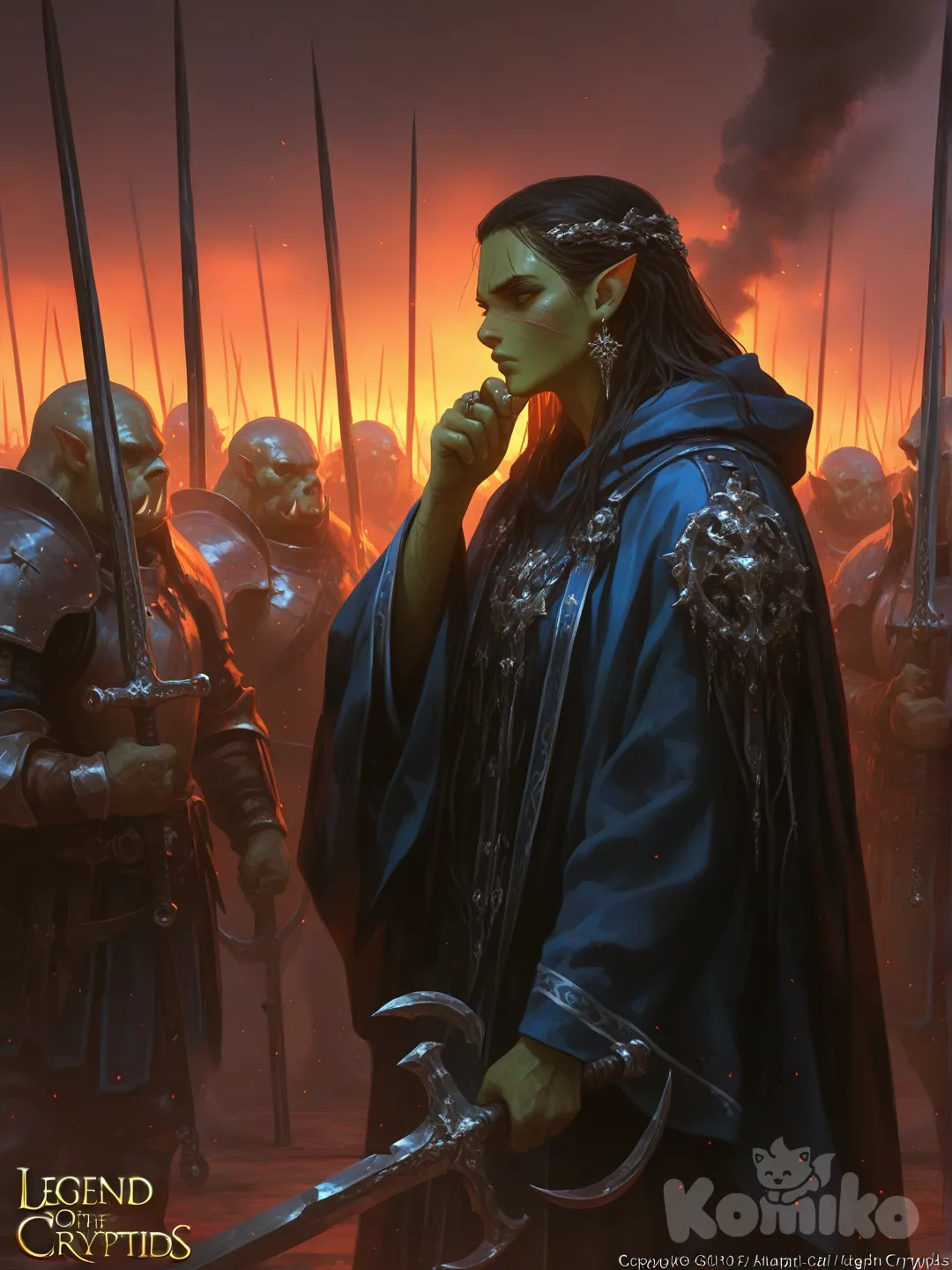 Esta é uma ilustração de fantasia épica com um estilo visual muito detalhado e vibrante. A imagem foca no contraste entre a força bruta e a inteligência estratégica.
​Aqui estão os principais elementos da imagem:

​O Protagonista
​No centro, vemos um Meio-Orc com uma aparência incomum. Diferente dos orcs tradicionais, ele possui traços mais refinados e uma expressão profundamente pensativa e calma
.
​Vestimenta: Ele usa trajes elegantes em tons de azul e vermelho, com detalhes em couro e metal, sugerindo que ele pode ser um mago.

​Postura: Ele está com a mão no queixo, ignorando completamente o caos ao seu redor, o que demonstra grande confiança e foco intelectual.

​O Cenário e o Fundo
​Ao redor do personagem central, o clima é de guerra e ferocidade:

​Guerreiros Orcs: Estão cercados por outros orcs com aparências muito mais agressivas e selvagens, gritando e brandindo armas pesadas, como machados.

​Atmosfera: Há partículas de poeira ou faíscas no ar, sugerindo que eles estão no meio de uma batalha ou em um acampamento militar agitado.

​Cores: O contraste entre o azul vibrante da roupa do protagonista e os tons terrosos e avermelhados do exército ao fundo ajuda a destacá-lo como alguém único naquele grupo.

​Detalhes Artísticos
​A arte é assinada para o jogo "Legend of the Cryptids". O nível de detalhamento na textura da pele verde, nas cicatrizes e nos adornos (como os brincos e anéis do personagem central) é altíssimo, criando um efeito quase cinematográfico., [sensual-glossy-style]