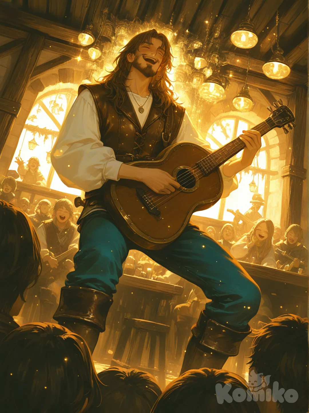 Esta é uma imagem digital vibrante e fantástica que retrata um personagem muito semelhante ao ator Jack Black como um bardo ou músico medieval em uma taverna animada.
​Aqui estão os principais detalhes da cena:
​O Personagem Central

​Aparência: O homem tem cabelos longos e castanhos, uma barba cheia e uma expressão de pura alegria e entusiasmo enquanto canta.

​Vestuário: Ele veste um colete de couro detalhado sobre uma camisa branca de mangas bufantes, calças azuis e botas de montaria robustas. Ele usa um colar com um pingente grande.

​Instrumento: Ele está tocando um instrumento de cordas que mistura elementos de um alaúde e uma guitarra clássica, adornado com entalhes dourados.

​O Ambiente
​Cenário: A cena se passa no que parece ser uma taverna ou estalagem mágica. O teto é decorado com bandeirolas, lanternas suspensas e guirlandas de flores.

​Iluminação: A luz é quente e dourada, vinda de velas e lanternas, criando uma aura quase divina ou mágica ao redor do músico.

​Atmosfera: O ar parece estar cheio de "poeira mágica" ou partículas brilhantes, reforçando o tom de fantasia.

​A Plateia
​Ao redor dele, há uma multidão de pessoas em roupas de época, todas parecendo encantadas, rindo e aproveitando a performance. O ângulo da imagem é de baixo para cima, o que dá ao músico uma presença imponente e heroica., [sensual-glossy-style]