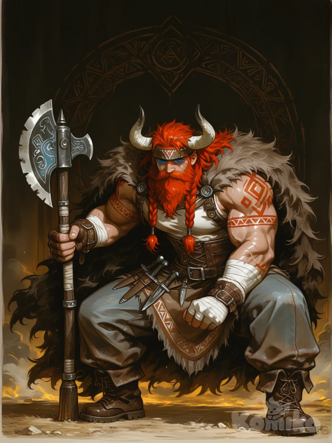 Esta é uma ilustração digital de um personagem com um visual inspirado na estética viking ou bárbara, com um estilo de arte que lembra conceitos de jogos de RPG ou HQs. Ele possui uma aparência imponente, robusta e detalhada.
​Aqui estão os principais elementos da imagem:

​Aparência Física e Rosto
​Cabelo e Barba: O personagem tem cabelos ruivos vibrantes, presos para trás, e um bigode farto que se conecta a uma barba curta. Ele também usa tranças finas que descem pelas laterais do rosto.

​Expressão: O olhar é sério e focado, com tatuagens ou pinturas de guerra azuis ao redor dos olhos e na testa.

​Físico: Ele é muito musculoso, com braços largos. O braço esquerdo visível está coberto por tatuagens pretas intrincadas com padrões geométricos e tribais.

​Vestimentas e Acessórios
​Cabeça: Ele usa uma testeira de couro adornada com dois grandes chifres brancos curvados para cima.

​Ombros e Costas: Uma pesada capa de pele de urso marrom cobre seus ombros, com a cabeça do animal servindo como uma espécie de ombreira.

​Tronco: Ele veste uma túnica de retalhos por baixo de um corpete de couro texturizado e vários cintos de utilidades.

​Mãos e Braços: Usa faixas de tecido branco (ataduras) enroladas nos pulsos e antebraços, além de uma luva de couro sem dedos na mão esquerda.

​Equipamento e Estilo
​Armas: Ele carrega um grande bastão ou cabo de machado (a lâmina não aparece totalmente) apoiado no ombro direito. Há também uma adaga presa ao cinto.

​Parte Inferior: Veste calças largas e bufantes sobre botas de couro amarradas com tiras que sobem até as canelas.

​Estilo Artístico: O traço é firme e expressivo, com um uso de cores terrosas e sombreados que dão profundidade e volume à musculatura e às texturas das peles e tecidos., [sensual-glossy-style]