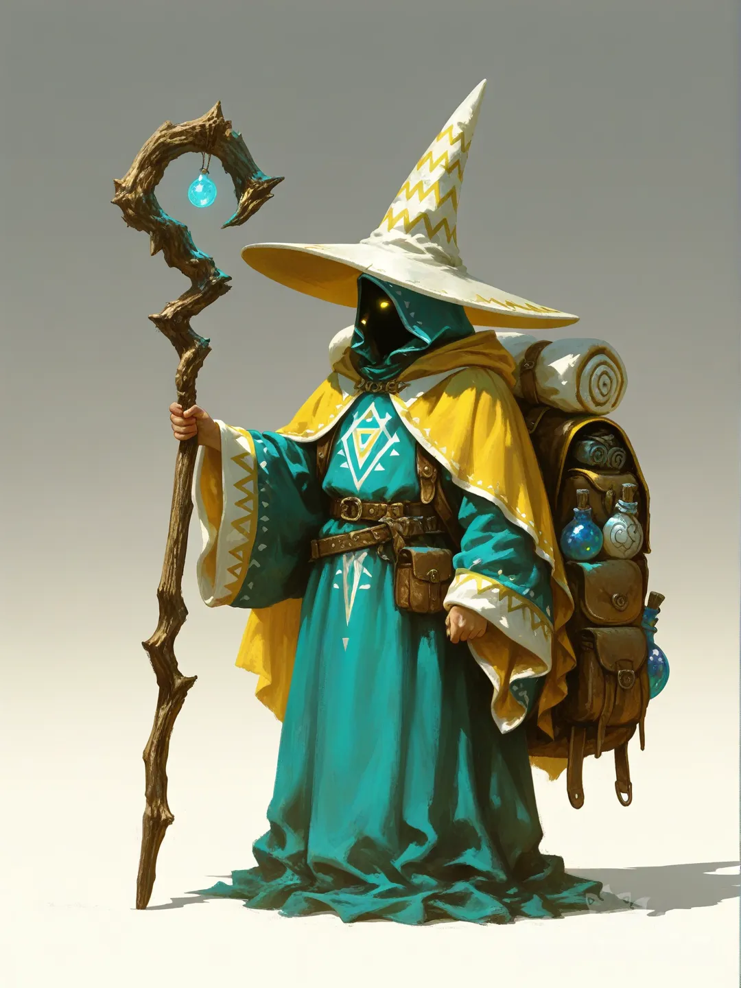 Esta imagem apresenta uma ilustração digital de fantasia que retrata um mago viajante ou mercador místico, com um estilo artístico que lembra pinturas a óleo ou artes conceituais de RPGs clássicos (como Final Fantasy).
​Aqui estão os principais detalhes da composição:

​O Personagem
​Aparência: O rosto do personagem está completamente envolto em sombras sob um capuz, revelando apenas dois olhos brilhantes e amarelos, o que lhe confere um ar misterioso e não humano.

​Vestimentas: Ele usa vestes em tons de azul-petróleo e ciano, com detalhes em branco e dourado. Na cintura, há um cinto de couro com padrões geométricos e o que parecem ser franjas ou pergaminhos pendurados.

​Chapéu: Um chapéu de abas largas e pontiagudo (clássico de mago), decorado com um padrão de zigue-zague branco.
​Equipamento e Detalhes

​A Mochila Colossal: O elemento mais impressionante é a enorme mochila que ele carrega nas costas. Ela parece conter uma infinidade de itens: frascos de poções azuis, pergaminhos, ferramentas de metal e diversos artefatos que sugerem que ele é um andarilho de longas distâncias.

​O Cajado: Em sua mão direita, ele segura um cajado de madeira rústica, alto e levemente retorcido no topo.

​Capa e Ombreira: Ele possui uma capa amarela vibrante caída sobre o ombro esquerdo, contrastando fortemente com o azul das vestes.

​Estilo e Atmosfera
​Técnica: A pintura utiliza pinceladas visíveis e texturizadas, criando uma sensação de profundidade e "sujeira" realista. O fundo é neutro e esfumaçado, em tons de cinza e branco, o que faz com que as cores do personagem (azul e amarelo) se destaquem.

​Clima: A imagem evoca uma sensação de aventura, solidão e sabedoria antiga. Ele parece ser um personagem que guarda muitos segredos e itens mágicos raros., [sensual-glossy-style]