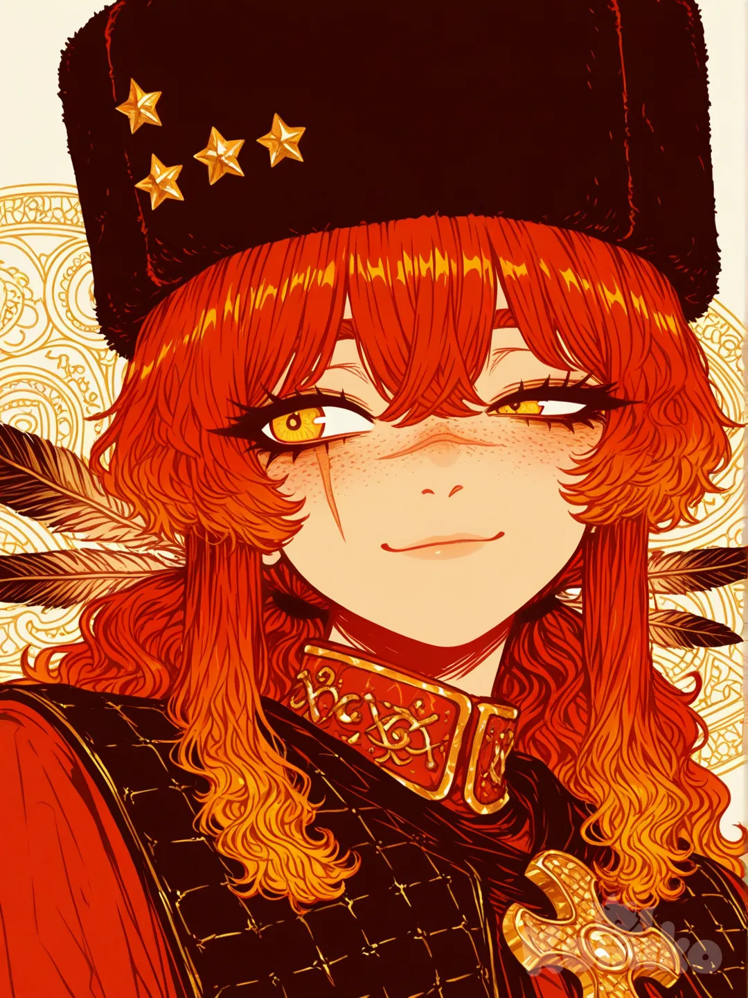 Esta é uma ilustração estilizada de uma personagem feminina com uma estética que remete a uma guerreira ou nobre de climas frios (com influências que lembram vestimentas históricas da Europa Oriental ou Ásia Central).
​Aqui estão os detalhes principais:

​A Personagem
​Aparência física: Ela tem longos cabelos ruivos ondulados e vibrantes, pele clara com sardas delicadas e uma cicatriz marcante que atravessa verticalmente seu olho esquerdo (que está fechado) e desce pela bochecha.

​Expressão: Seu olho direito está aberto e direcionado para o lado com um olhar confiante e levemente desafiador.

​Maquiagem: Possui um delineado "gatinho" bem definido nos olhos.

​Vestuário e Acessórios
​Chapéu: Ela usa um grande chapéu de pele (estilo papakha ou ushanka) em um tom bordô escuro, adornado com uma pena longa e um broche metálico quadrado na frente.

​Armadura/Roupa: Veste o que parece ser uma armadura sobreposta a tecidos pesados. Há detalhes em dourado com padrões circulares (escamas) no pescoço e uma gola alta vermelha.

​Cores: A paleta é quente e terrosa, focando em tons de ruivo, bordô, marrom e dourado, contrastando com o fundo creme liso.

​Estilo Artístico
​O traço é limpo e firme, típico de ilustrações digitais modernas com influência de comics ou webtoons.

​O sombreamento é minimalista, utilizando blocos de cores sólidas para criar profundidade, o que dá à imagem um aspecto gráfico e elegante., [sensual-glossy-style]