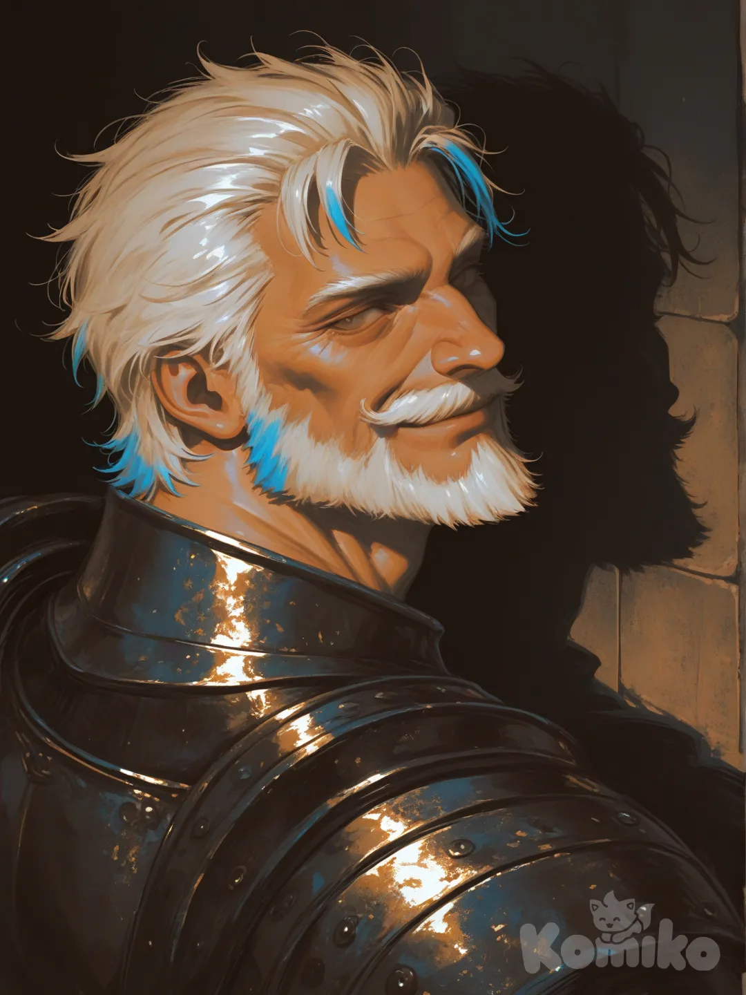Esta é uma ilustração digital impactante de um homem mais velho com uma aparência robusta e heroica. A arte possui um estilo de pintura expressivo, com pinceladas visíveis que dão uma sensação de textura e movimento.
​Aqui estão os principais detalhes da imagem:

​Características do Personagem
​Aparência: O homem tem uma constituição física forte, com um pescoço largo e ombros robustos. Ele possui cabelos brancos (ou loiro-platinados) curtos e desalinhados, além de uma barba e bigode brancos bastante volumosos e bem desenhados.

​Expressão: Ele olha ligeiramente por cima do ombro com um sorriso sutil e confiante. Seu olhar é penetrante, transmitindo uma mistura de sabedoria, malícia e experiência.

​Roupas: Ele veste o que parece ser uma túnica ou armadura leve em tons escuros e terrosos, sugerindo um cenário de fantasia medieval ou de um guerreiro veterano.

​Estilo Artístico e Técnica
​Iluminação: A luz principal vem da parte superior esquerda, criando um forte contraste (chiaroscuro). Isso destaca as texturas do cabelo e da barba, enquanto deixa partes do rosto e do pescoço em sombras profundas.

​Paleta de Cores: Predominam os tons neutros, como branco, cinza, preto e tons de pele naturais. Há alguns reflexos azulados e rosados sutis que dão vida à pele e ao cabelo.

​Composição: O enquadramento é um "close-up" focado no rosto e nos ombros, o que cria uma sensação de proximidade e importância do personagem.

​Essa imagem lembra bastante o design de personagens de jogos de RPG ou de fantasia épica, como o personagem Reinhardt de Overwatch ou um mentor veterano de uma saga de fantasia., [sensual-glossy-style]