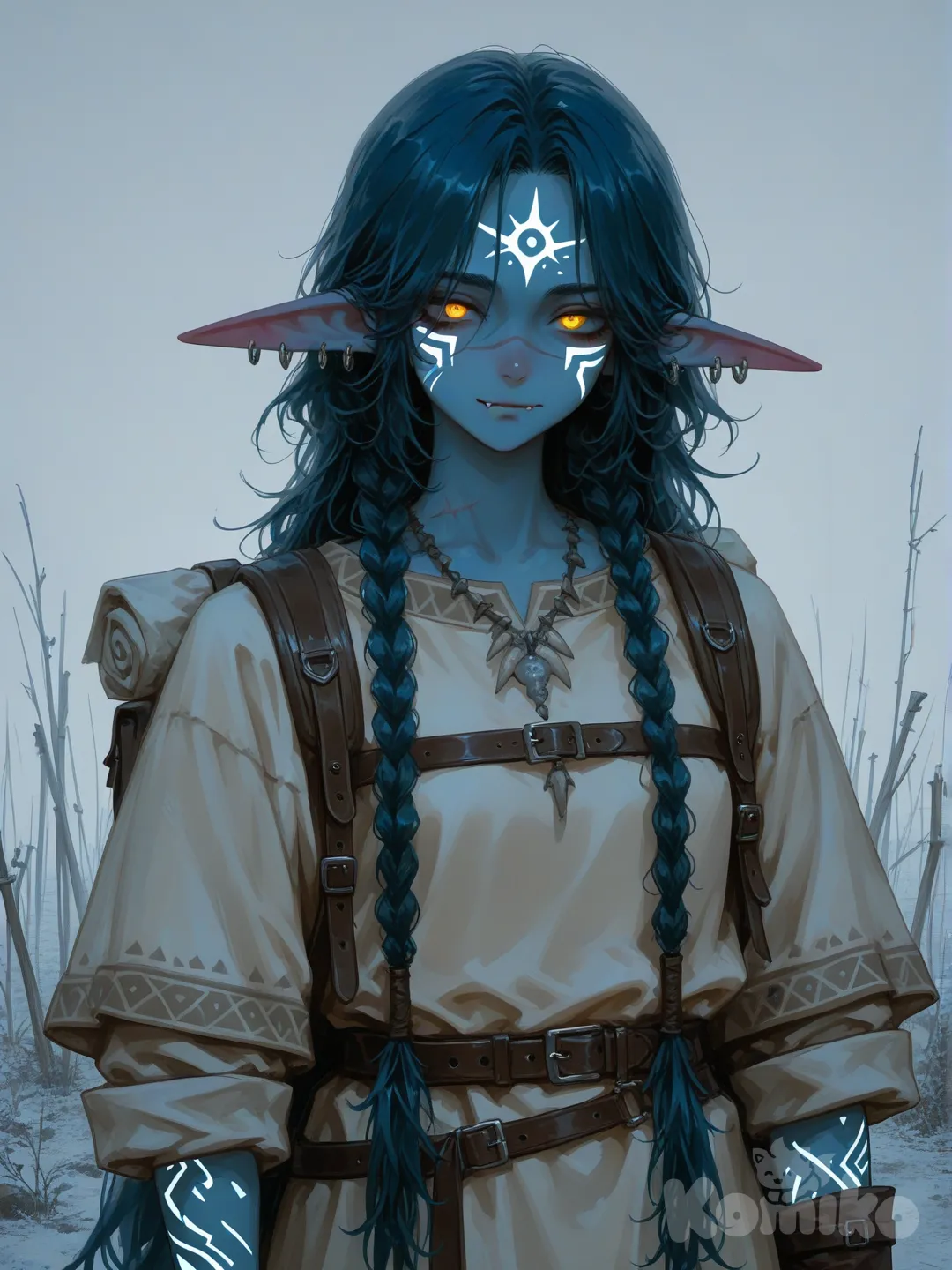 Esta é uma ilustração digital de uma personagem feminina de fantasia com traços que remetem a uma estética "alienígena tribal" ou inspirada em obras como Avatar.
​Aqui estão os detalhes principais da imagem:

​Características Físicas
​Pele e Rosto: Ela possui a pele em tons de azul profundo. Seu rosto é anguloso, com olhos amendoados de íris amarela/dourada que contrastam fortemente com a pele. Há marcas ou tatuagens brancas delicadas em sua testa e bochecha, além de uma pequena cicatriz perto do olho direito.

​Cabelo: O cabelo é volumoso, longo e de uma cor azul-escura acinzentada, com uma textura que mistura tranças finas e fios rebeldes, dando um aspecto selvagem e natural.

​Orelhas: Suas orelhas são pontuadas e levemente alongadas, adornadas com brincos grandes e detalhados.

​Vestimenta e Acessórios
​Roupas: Ela veste uma túnica de tecido leve em tom bege ou off-white, com as mangas dobradas. Por cima, utiliza várias camadas de cintos de couro, faixas de tecido azul e protetores de pulso que sugerem uma vida de aventura ou combate.

​Adereços: No pescoço, ela usa um colar robusto feito de materiais que parecem ser presas, pedras ou madeira esculpida. Há também uma alça de couro cruzando seu peito, possivelmente para carregar uma arma ou suprimentos nas costas.

​Estilo Artístico
​Paleta de Cores: A imagem é dominada por tons frios (azul, cinza e branco), o que cria uma atmosfera serena, mas imponente.

​Fundo: O cenário ao fundo é minimalista e enevoado, sugerindo um ambiente gélido ou costeiro, o que mantém todo o foco na personagem.

​Traço: O estilo de pintura é detalhado e semi-realista, com pinceladas visíveis que dão textura aos tecidos e ao cabelo.

, [sensual-glossy-style]