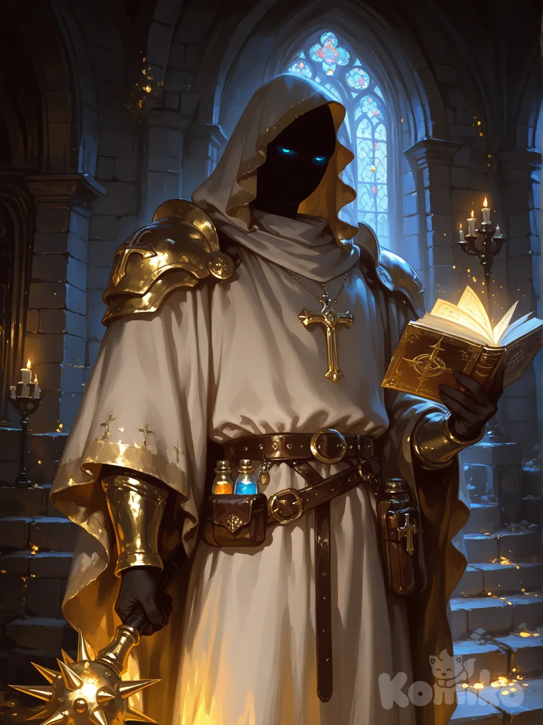 Esta imagem retrata um guerreiro sagrado, frequentemente chamado de Clérigo em contextos de fantasia, com uma estética imponente e mística.
​Aqui está uma descrição detalhada:

​O Personagem
​Aparência: Um homem negro de feições fortes e expressão severa. O detalhe mais marcante são seus olhos brilhando em um azul elétrico, sugerindo que ele está canalizando poder divino.

​Vestimentas: Ele usa uma combinação de armadura pesada de metal (nos ombros e braços) e vestes clericais brancas e beges, que parecem desgastadas e rústicas. Ele usa um capuz que emoldura seu rosto.

​Símbolos: Há uma forte presença de cruzes latinas — uma grande em seu peito, outra pendurada em seu cinto e uma terceira brilhando no centro de sua arma.

​Equipamento e Magia
​Arma: Na mão direita, ele segura uma maça de metal com pontas afiadas. No centro da cabeça da maça, há uma cruz que emite uma luz dourada brilhante.

​O Tomo: Na mão esquerda, ele segura um livro antigo aberto que parece estar emitindo luz sagrada de suas páginas, como se ele estivesse conjurando uma prece ou feitiço.

​Acessórios: Seu cinto está carregado de itens de aventura, incluindo bolsas de couro, frascos (possivelmente poções ou água benta) e correntes.

​Ambiente e Estilo
​Cenário: O fundo mostra o interior de uma estrutura de pedra antiga, possivelmente uma catedral em ruínas ou uma masmorra, com arcos góticos visíveis na penumbra.

​Iluminação: A cena é sombria, o que faz com que os pontos de luz (o livro, a maça e os olhos) se destaquem intensamente, criando um contraste dramático conhecido como chiaroscuro.

​, [sensual-glossy-style]