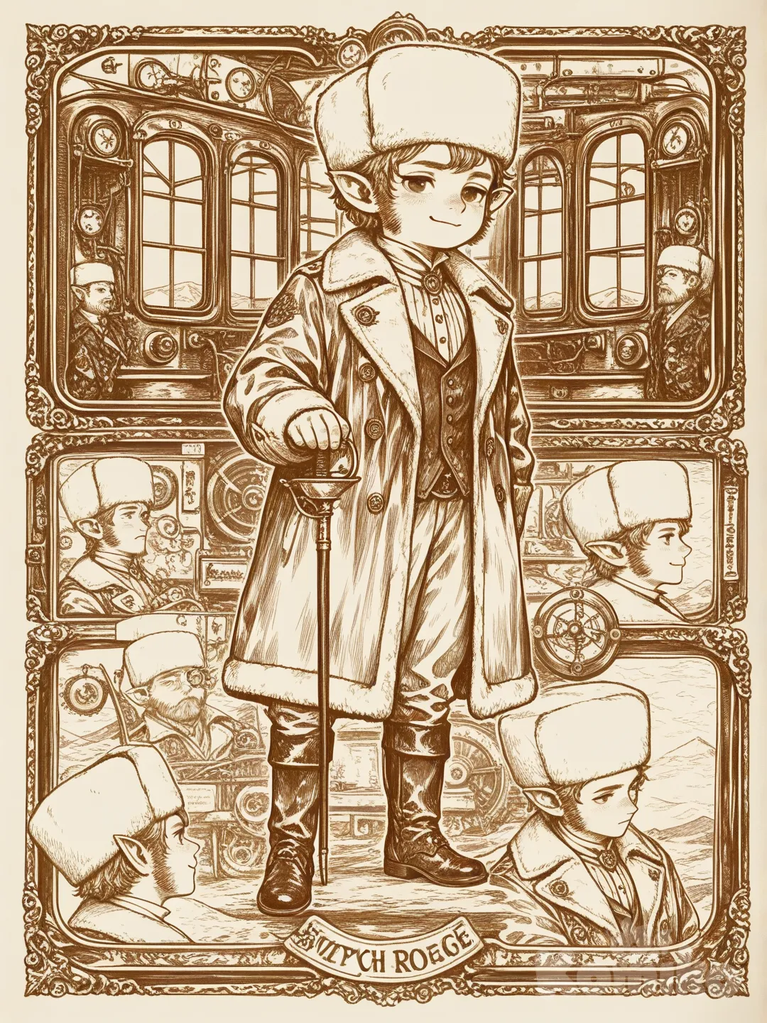 Esta imagem é uma ficha de personagem estilizada, apresentada em um tom sépia que lembra ilustrações de livros antigos ou esboços de RPG. Ela retrata um personagem chamado Lorde Rodion Raskolnikov, descrito como o "Ladino de Colarinho Branco de Orkus".
​O personagem parece ser um gnomo ou halfling, dado as suas proporções e orelhas levemente pontiagudas, mas com feições maduras e sofisticadas.
​A imagem é dividida em três partes principais:
​1. Retrato Principal (Esquerda)
​Um close-up do busto de Rodion. Ele tem uma expressão astuta e confiante, usa costeletas bem aparadas e um chapéu de pele (estilo ushanka). Ele segura um monóculo com uma das mãos, reforçando sua imagem de nobreza ou alta classe social.
​2. Visão de Corpo Inteiro (Centro)
​Aqui vemos o personagem em pé à frente de uma locomotiva a vapor, sugerindo um cenário de fantasia vitoriana ou steampunk.
​Vestimenta: Descrita como "Traje Nobre Forrado de Pele". Ele usa um sobretudo pesado, colete e botas.
​Equipamento: Ele segura uma bengala em uma mão e uma "Rapieira de Prata Fina" na outra.
​3. Cena de Viagem (Direita)
​Rodion é mostrado sentado confortavelmente dentro de um vagão de trem de luxo. Ele olha pensativo pela janela, onde se vê uma paisagem montanhosa e nevada. Esta cena reforça o tema de viagem e o status elevado do personagem.
​Detalhes Estéticos:
​Estilo de Arte: Desenho a traço com hachuras e sombreamento clássico.
​Atmosfera: O nome "Raskolnikov" (uma referência literária a Crime e Castigo) e as roupas de frio sugerem uma inspiração em uma cultura similar à russa imperial., [sensual-glossy-style]