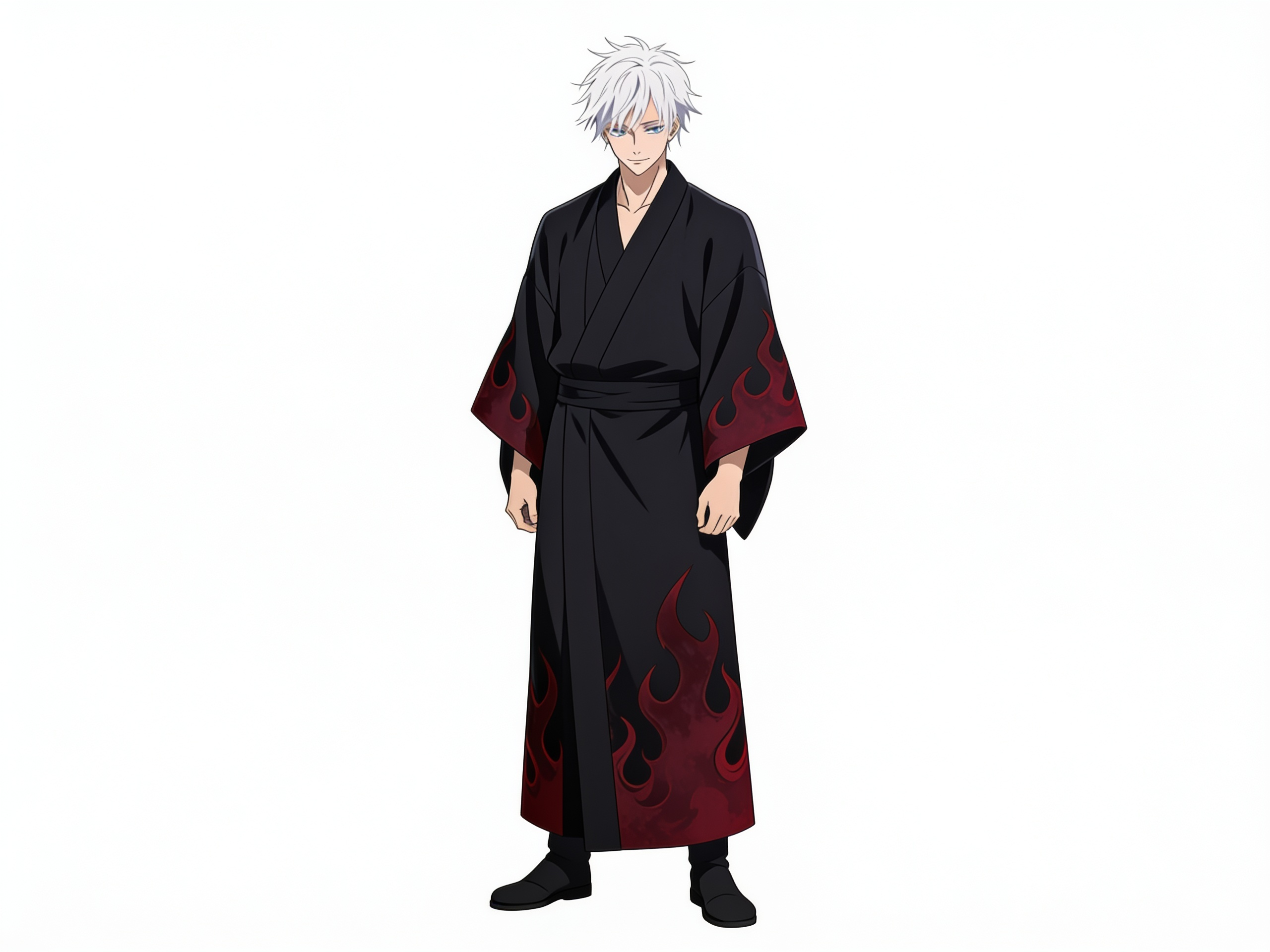 [smooth-satin-illustration-style]1boy, satoru_gojo, mature, kimono, black_kimono, dark_red_kimono, flame_pattern, single_character, full_body, looking_at_viewer, anime_style, simple_background, white_background, anime style
