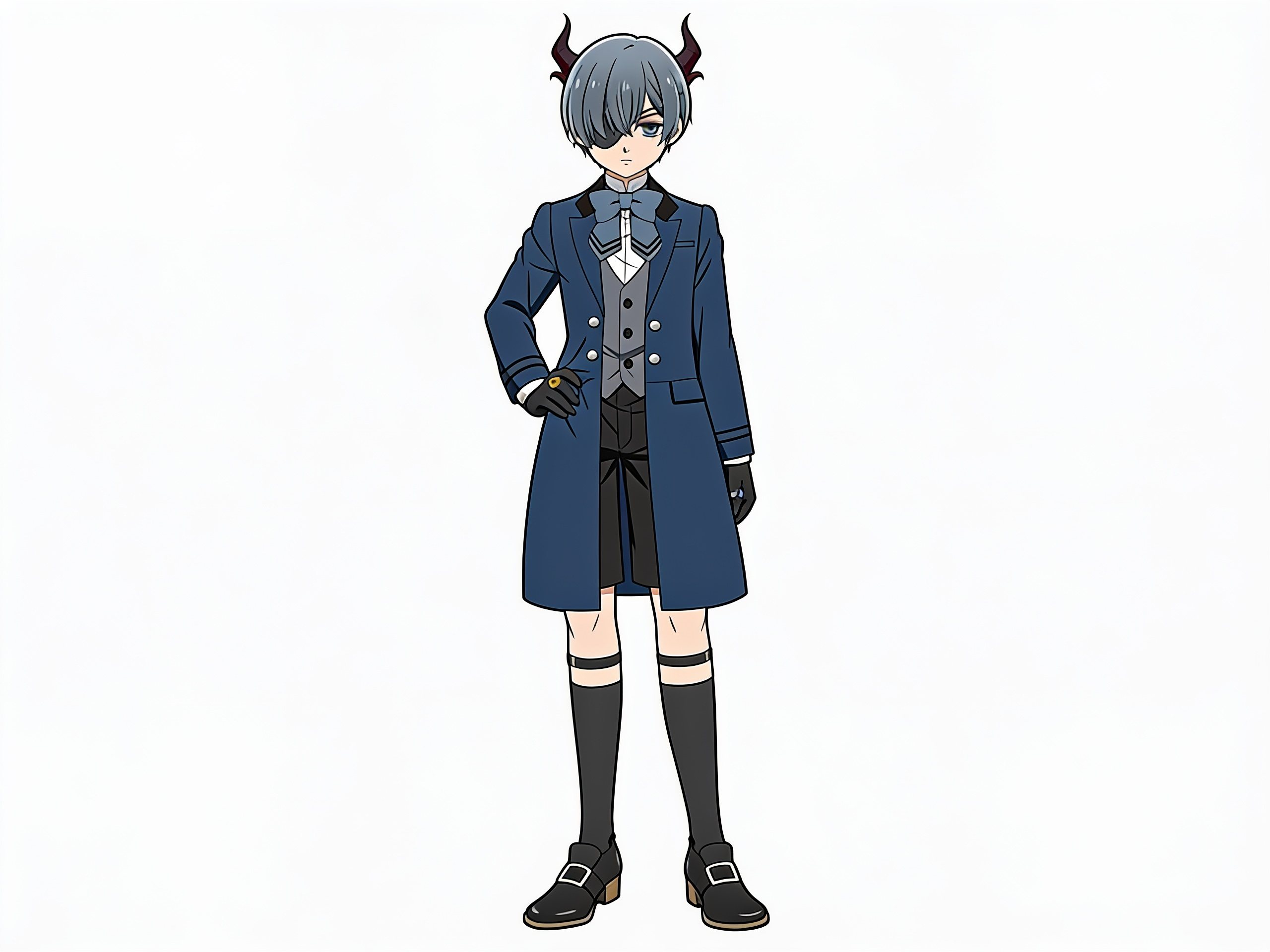 [pop-anime-style]1boy, Ciel Phantomhive, demon, phantomhive_manor, single character, full body, looking at viewer, anime style, simple background, white background, anime style