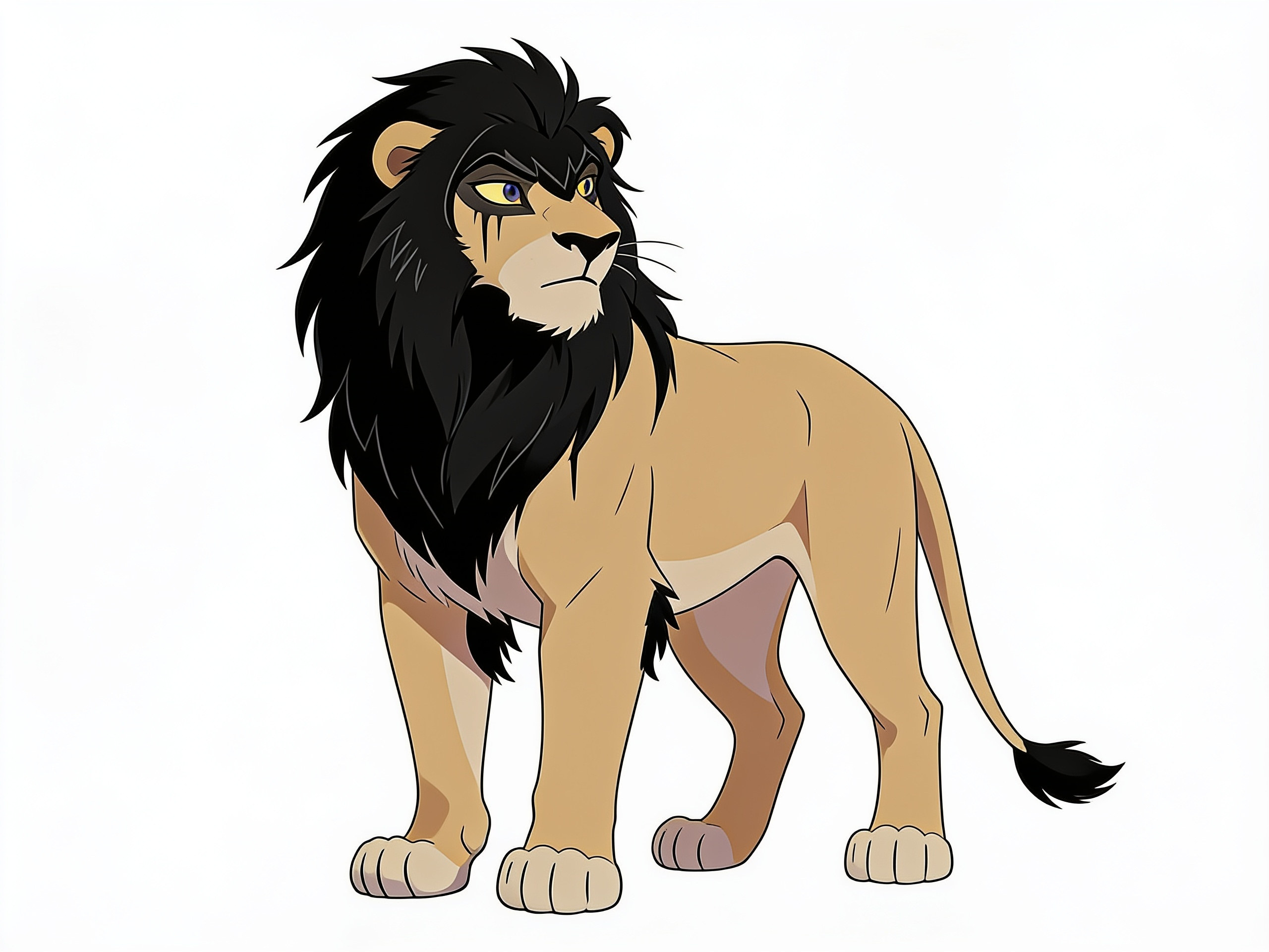 1boy, lion_king_2, original_character, adult_male, lion, mature, stoic_expression, black_mane, emo, looking_at_simba, simba, single_character, full_body, anime_style, simple_background, white_background, anime style