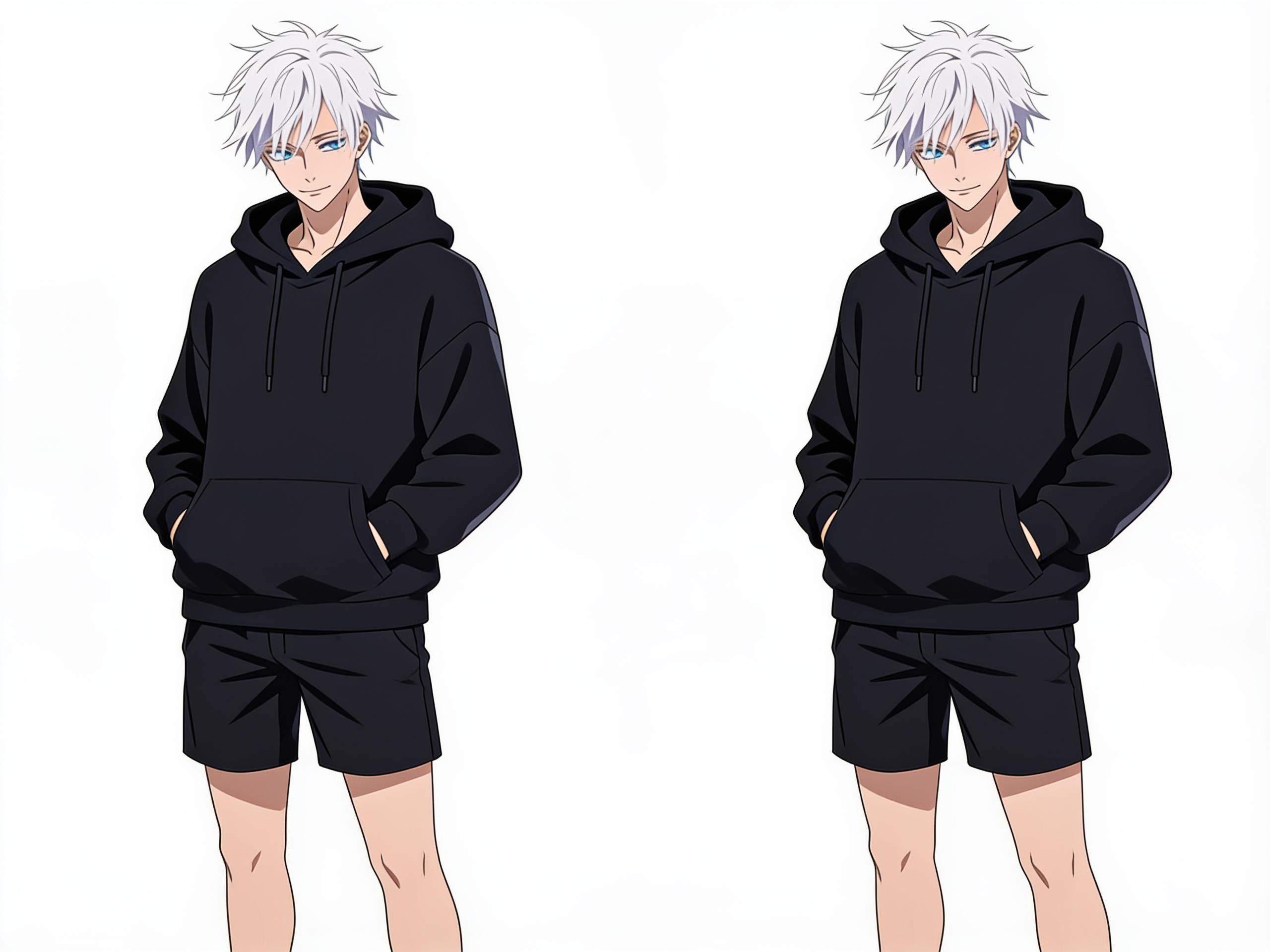 1boy, satoru_gojo, white_hair, blue_eyes, black hoodie, black short shorts, single character, full body, looking at viewer, anime style, simple background, white background, anime style