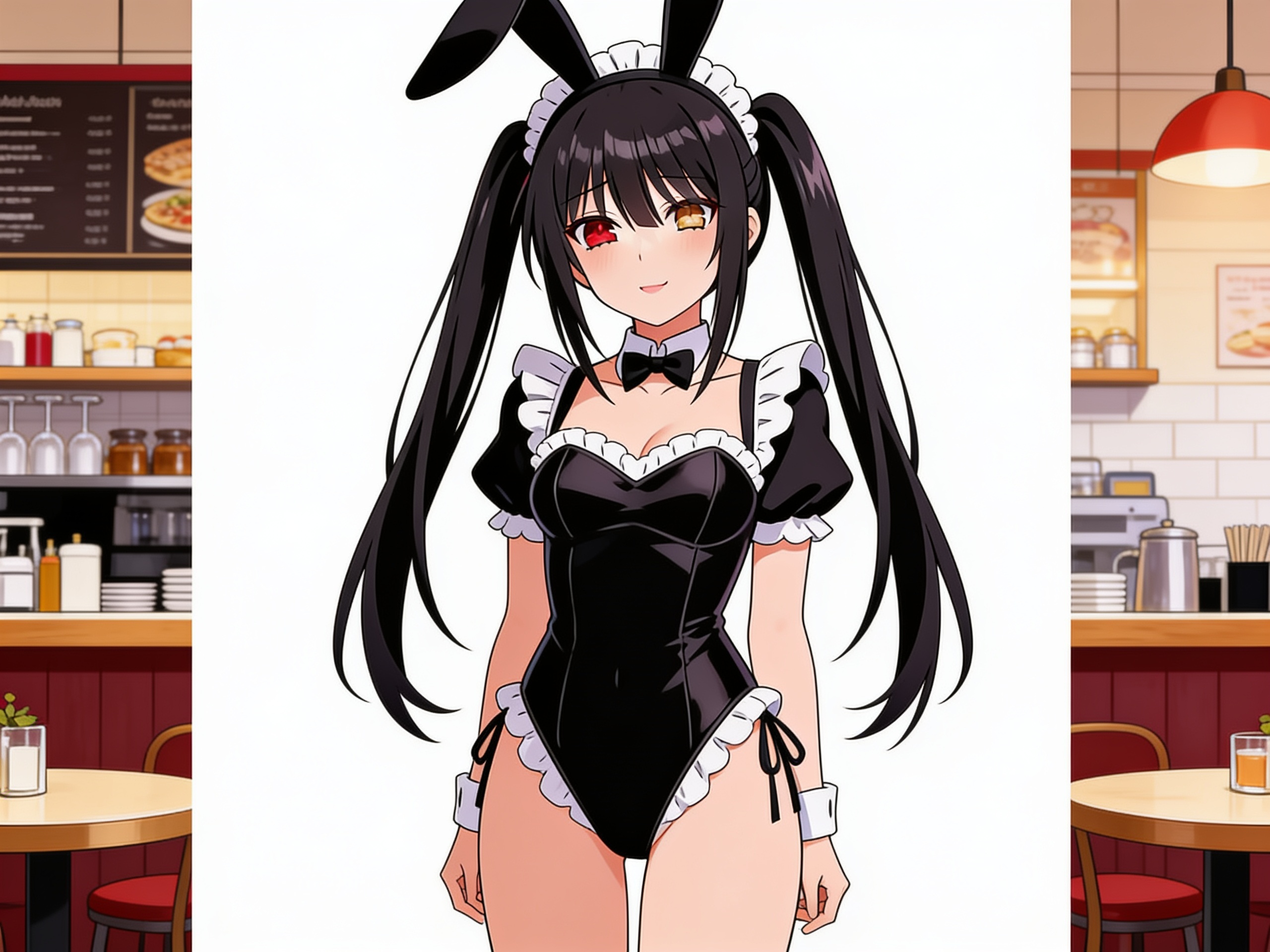 [pop-anime-style]1girl, Kurumi Tokisaki, black bunny maid suit, anime cafe, single character, full body, looking at viewer, anime style, simple background, white background, anime style