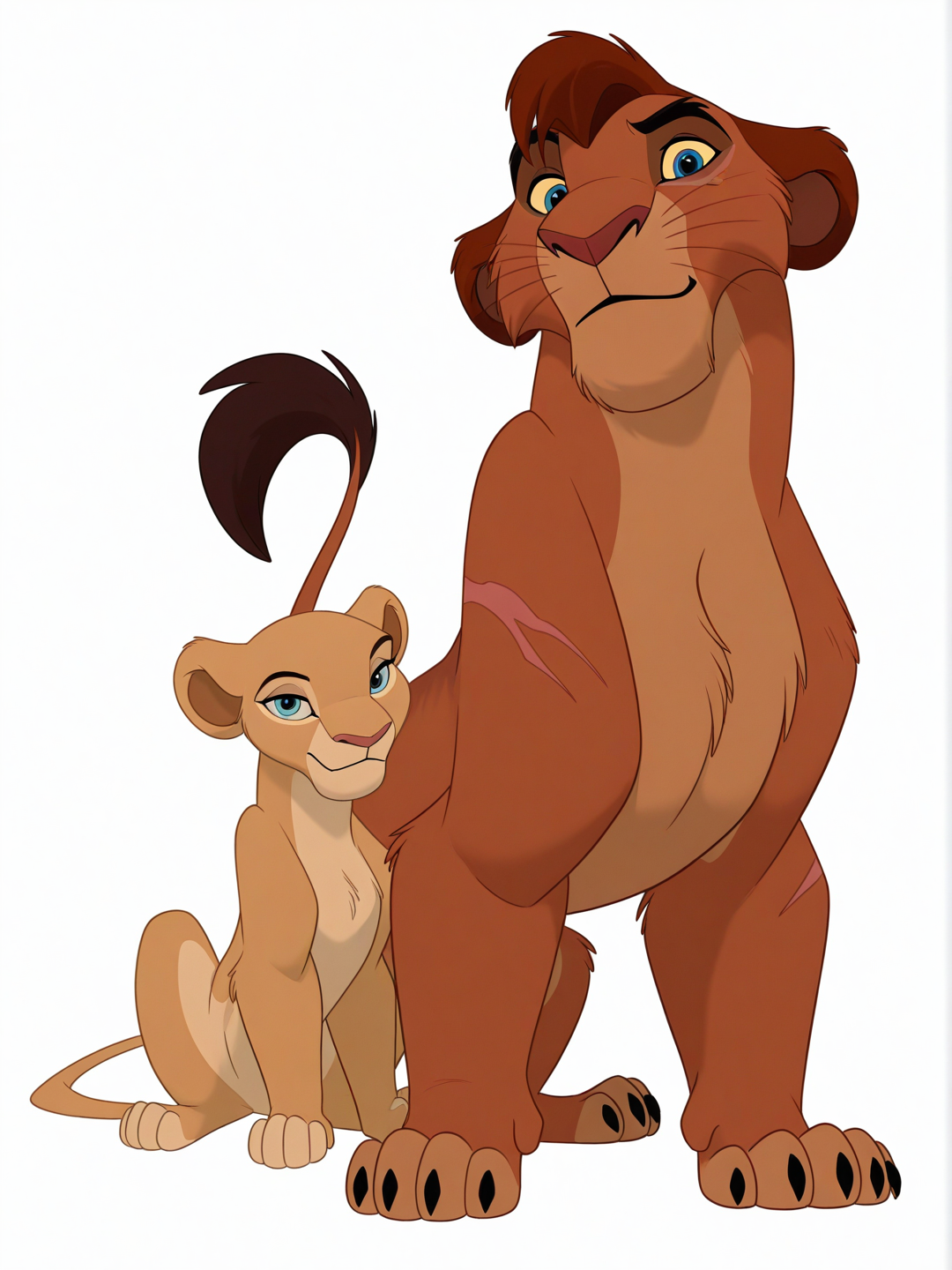 [disney-style]1girl, Vitani (Lion King), disney lion king 2 art style, young adult, lioness, dark red fur, cream colored body fur, light blue eyes, scar on left eye, black triangular nose, black claws, black tail tuft, healthy physique, single character, full body, looking at viewer, anime style, simple background, white background