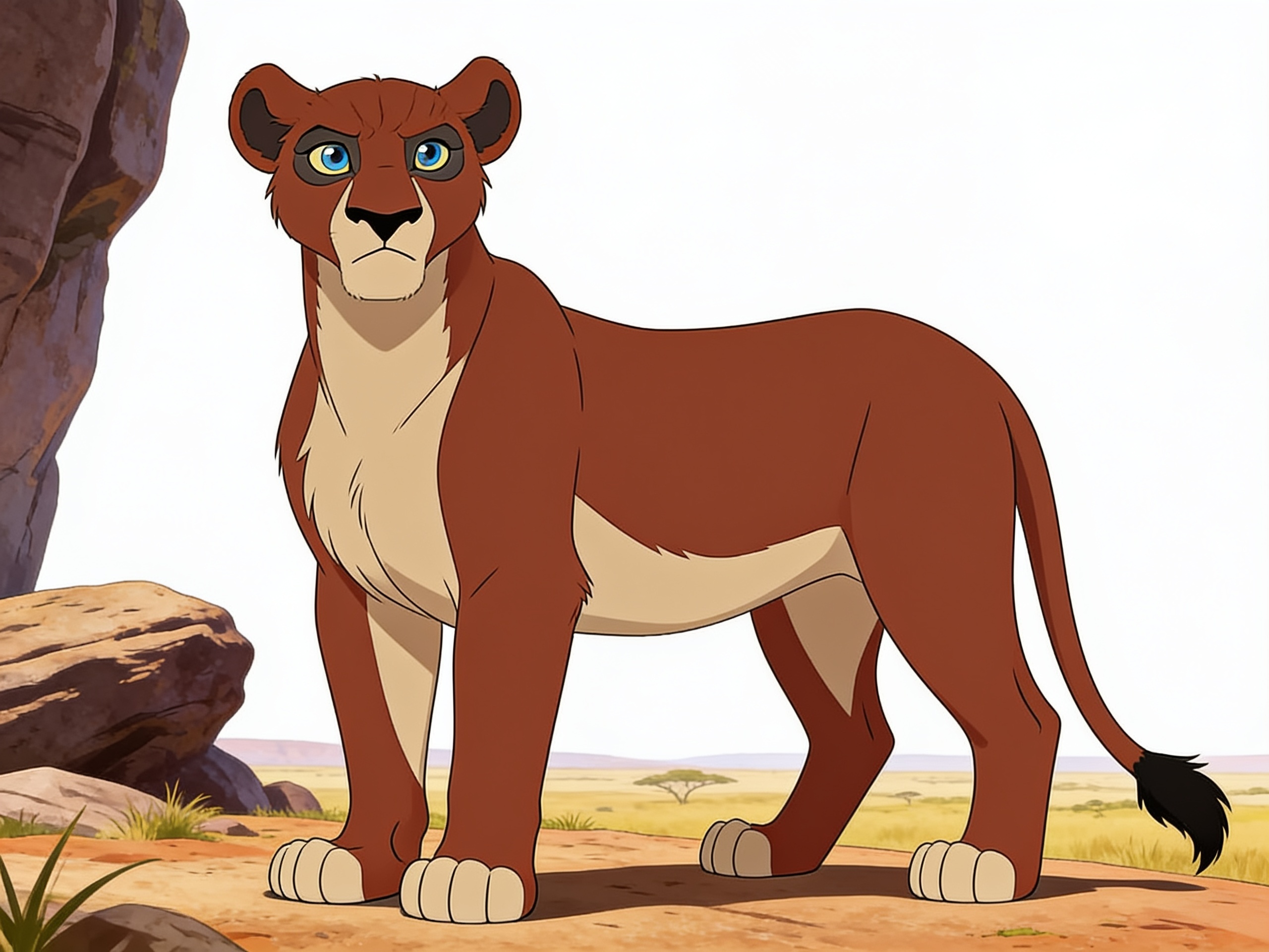 1girl, Disney Lion King style, lioness, mature, light blue eyes, stoic, Pride Rock background, Pridelands, single character, full body, looking at viewer, anime style, simple background, white background, anime style