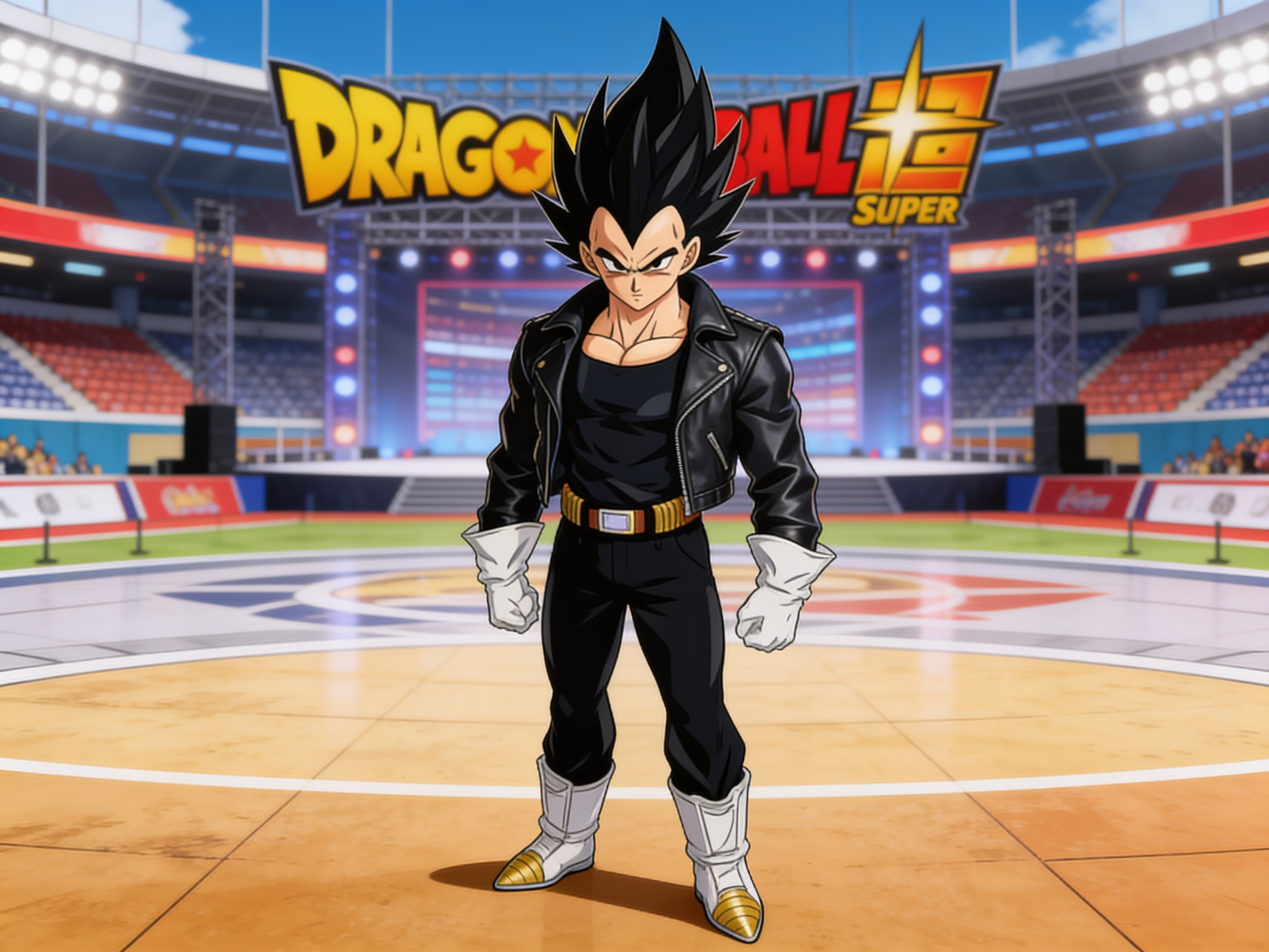 1boy, vegeta, mature, leather jacket, fighting tournament, dragon ball super background, single character, full body, looking at viewer, anime style, anime style