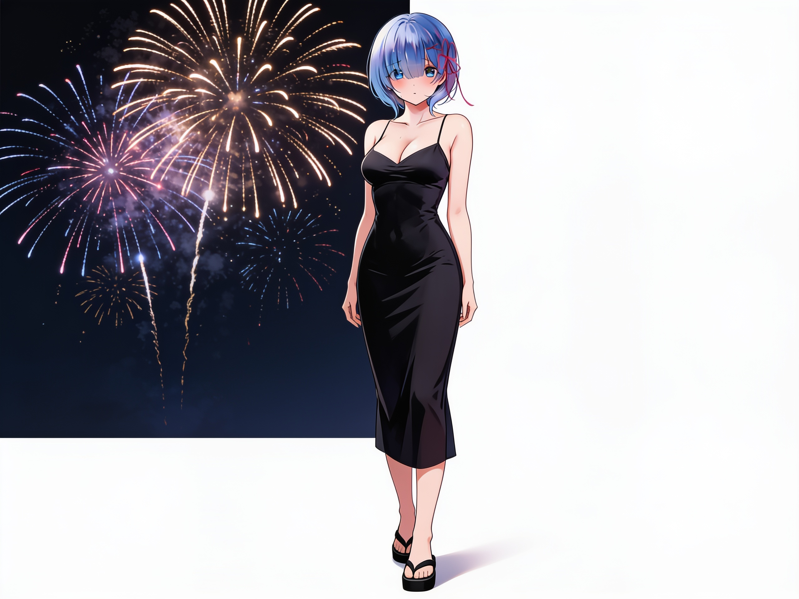 1girl, Rem, thin dress, black dress, black shoes, Japanese shoes, fireworks, Japanese style, mature, slim, short hair, blue eyes, single character, full body, looking at viewer, anime style, simple background, white background, anime style