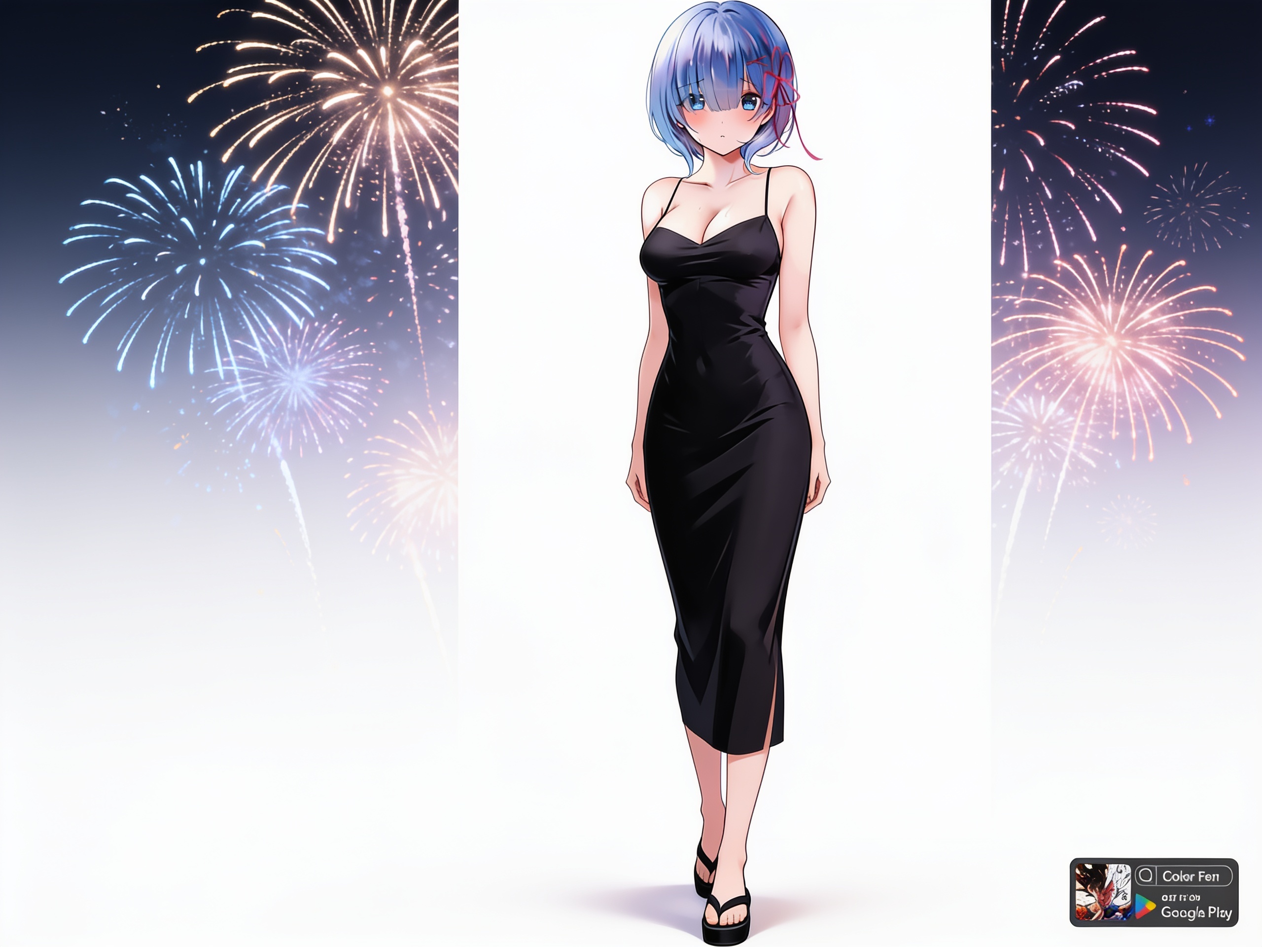 1girl, Rem, thin dress, black dress, black shoes, Japanese shoes, fireworks, Japanese style, mature, slim, short hair, blue eyes, single character, full body, looking at viewer, anime style, simple background, white background, anime style